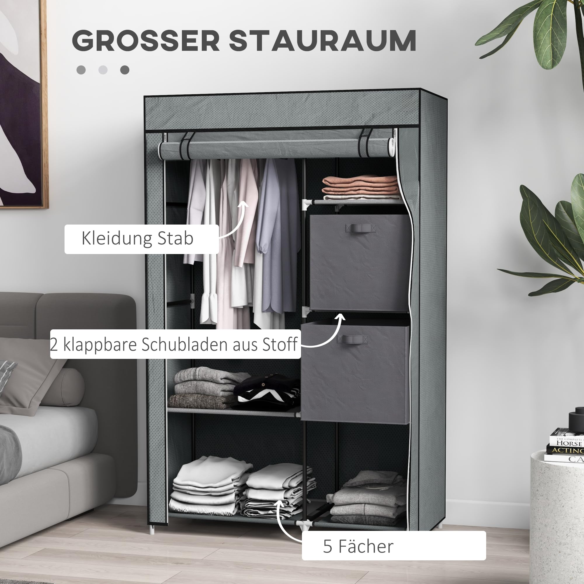 HOMCOM Kleiderschrank Stoffschrank mit Schubladen, Kleiderstange und Reißverschluss, Stoffkleiderschrank Faltschrank für Schlafzimmer, Ankleidezimmer, 102 x 42,5 x 162,5 cm, Dunkelgrau