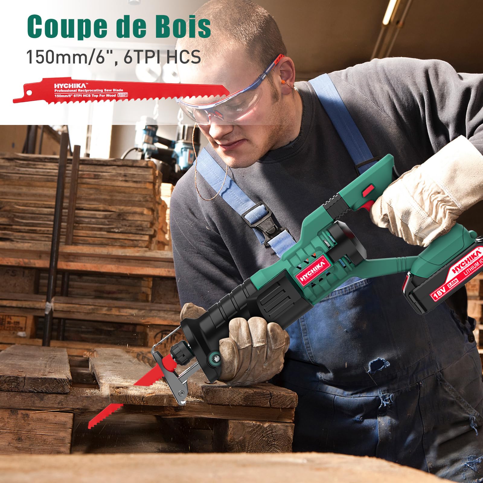 HYCHIKA Scie Sabre sans fil 18V, Vitesses Réglables 0-2800SPM, 2 Lames, Chargeur Rapide, Lumière LED, Idéal pour Coupe de Bois, Branches, Métal (Avec 2 batteries 2Ah)