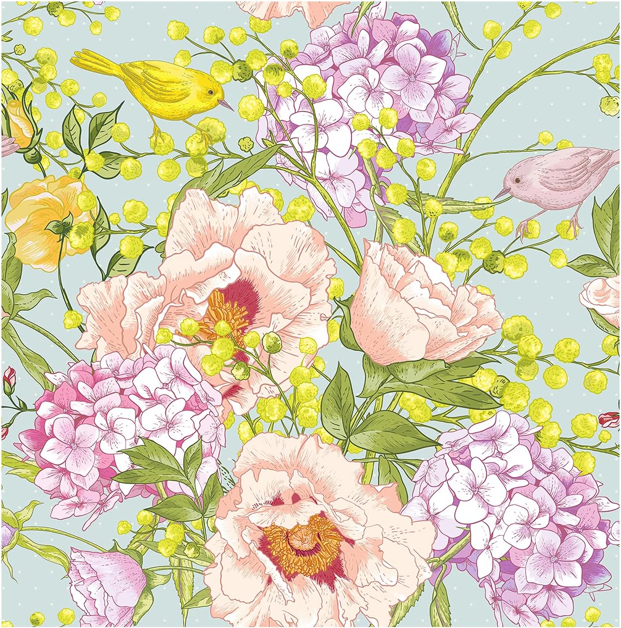 Blooming Wall DPY27 Light Purple Hydrangea Beige Peony with Birds Peel and Stick Wallpaper Removable Self Adhesive Wall Mural Wall Decor, 14.5 Square Ft/Roll