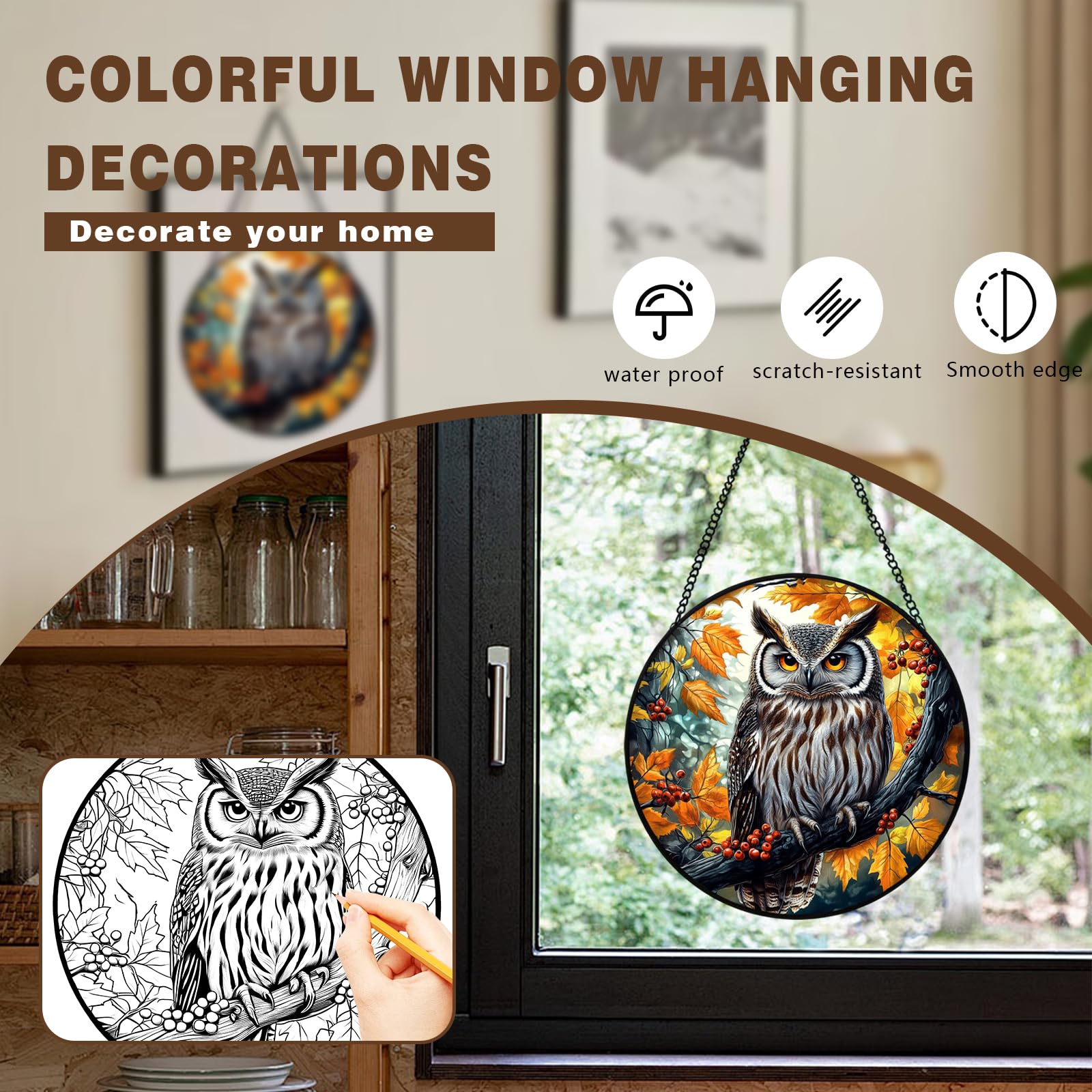 Xuoxeji Owl Stained Glass Window Hanging, 20cm/7.8in Owl Stained Glass Birds, Owl Gifts for Bird Lovers, 20cm/7.87in - Image 4