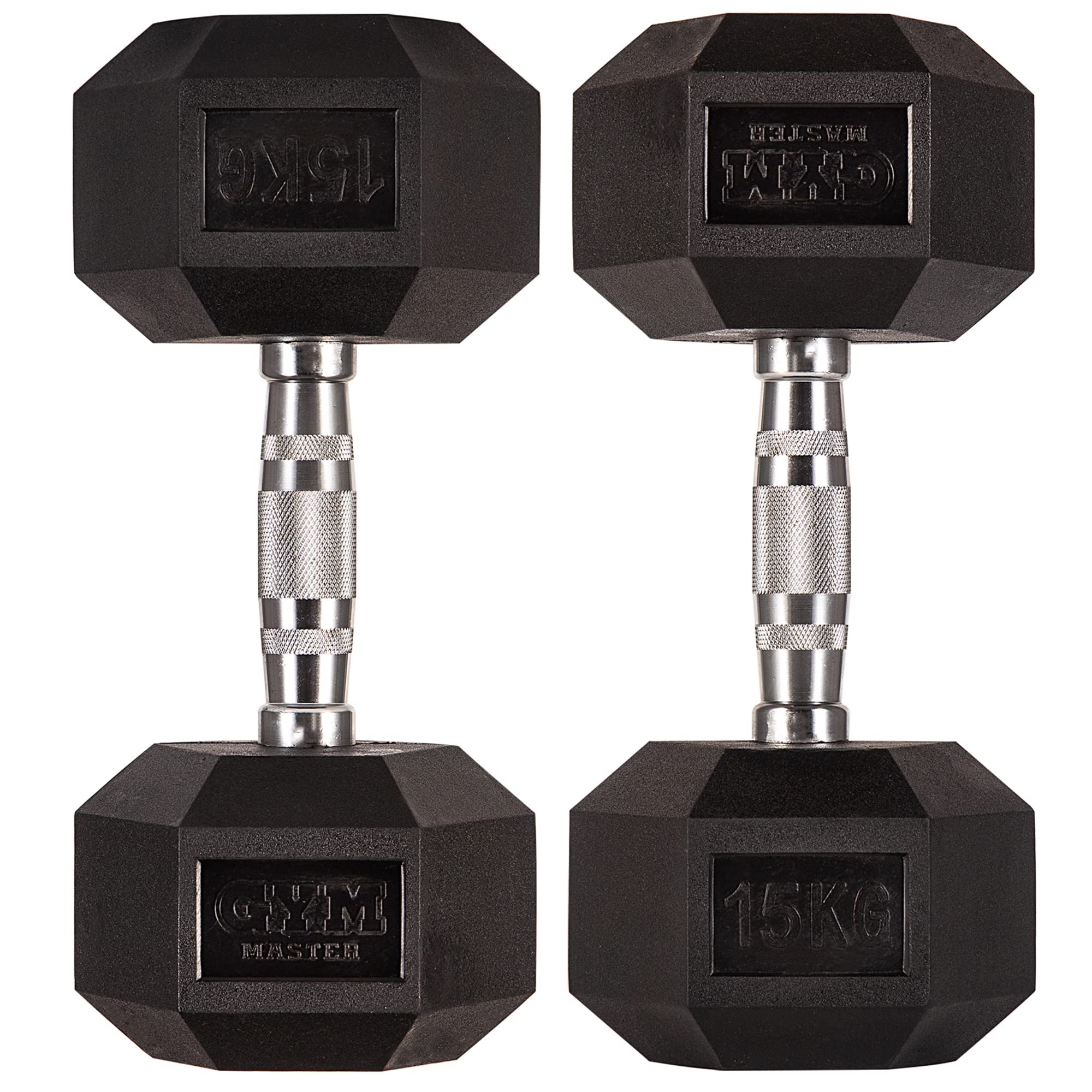 GYM MASTER Hex Dumbbells - Rubber Encased Cast Iron Hand Weights and Optional 3 Tier Rack - Pair of 15KG (30KG Total) — image 1