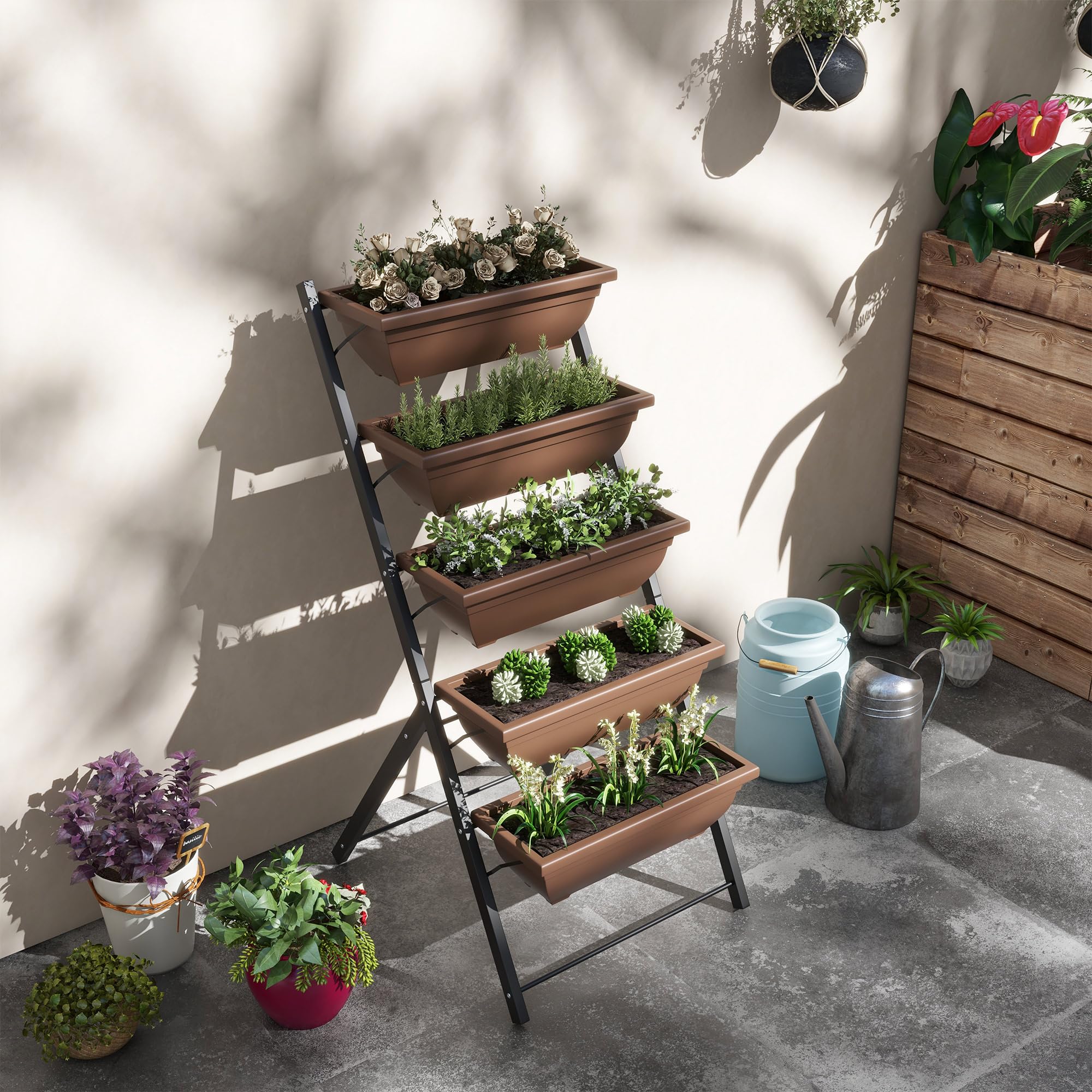 Outsunny Jardinière Surélevée avec Étages Verticale Cadre en Acier Marron | 5 Bacs à Fleurs, Trous de Drainage avec Bouchons en Caoutchouc, Escalier pour Plantes, Légumes, Herbes