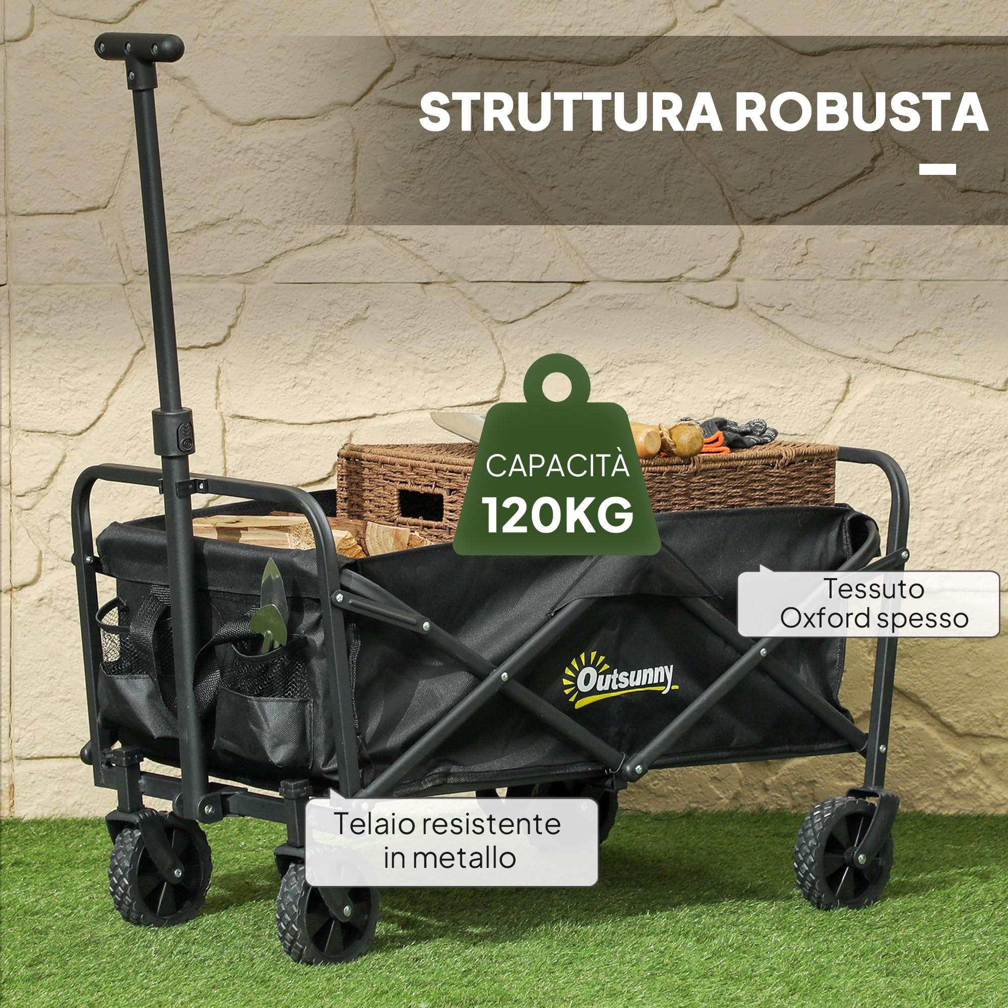 Outsunny Carrello da Giardino da 62L con Ruote Girevoli, Carrello Spiaggia Pieghevole in Metallo e Tessuto Oxford con Borsa e Maniglia Girevole e Regolabile, 76x48x86 cm, Nero