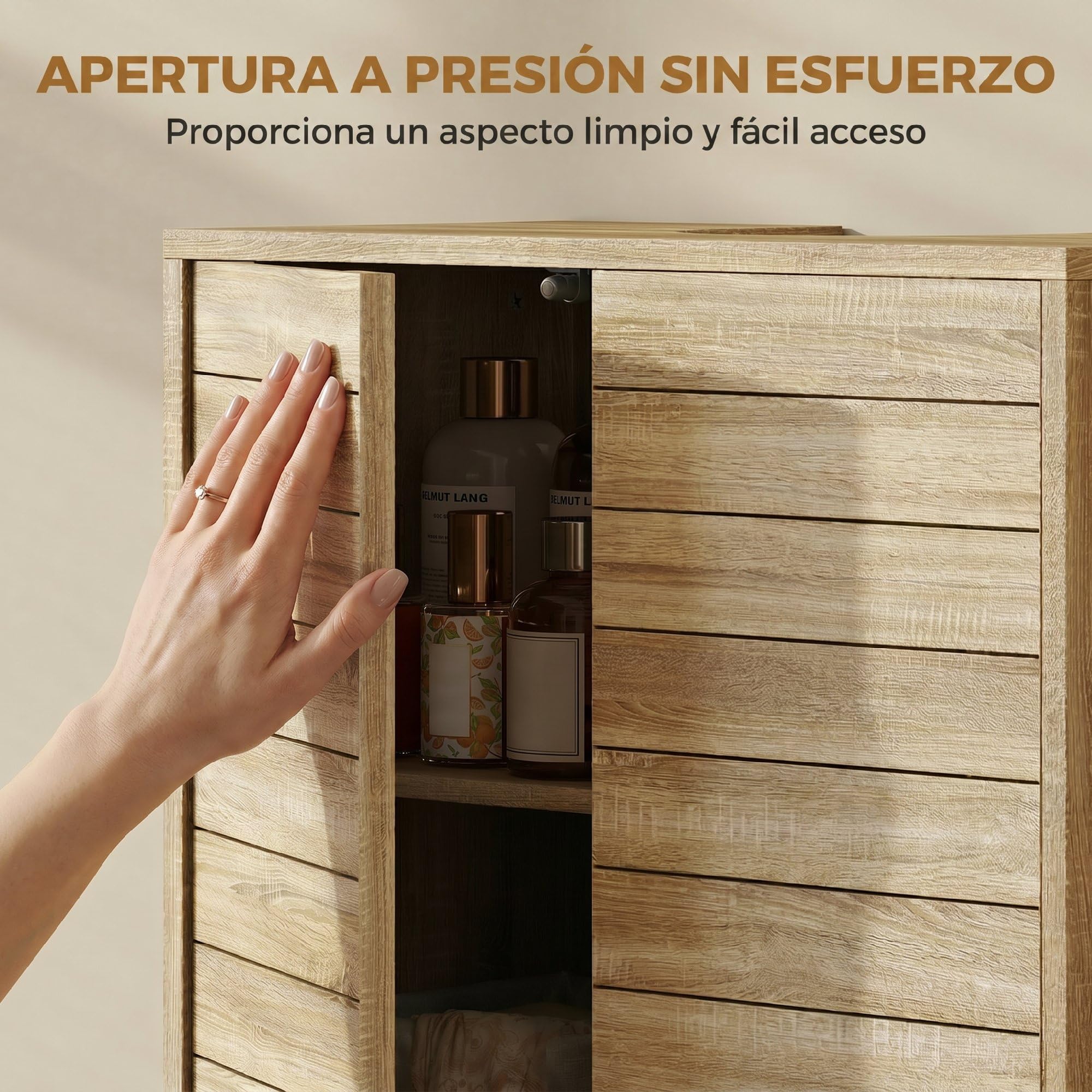 HOMCOM Mueble Bajo Lavabo, Mueble de Baño con Estante Ajustable, Puertas de Listones y Apertura por Presión, para Lavabo con Pedestal o Pared, 60x30x60 cm, Natural