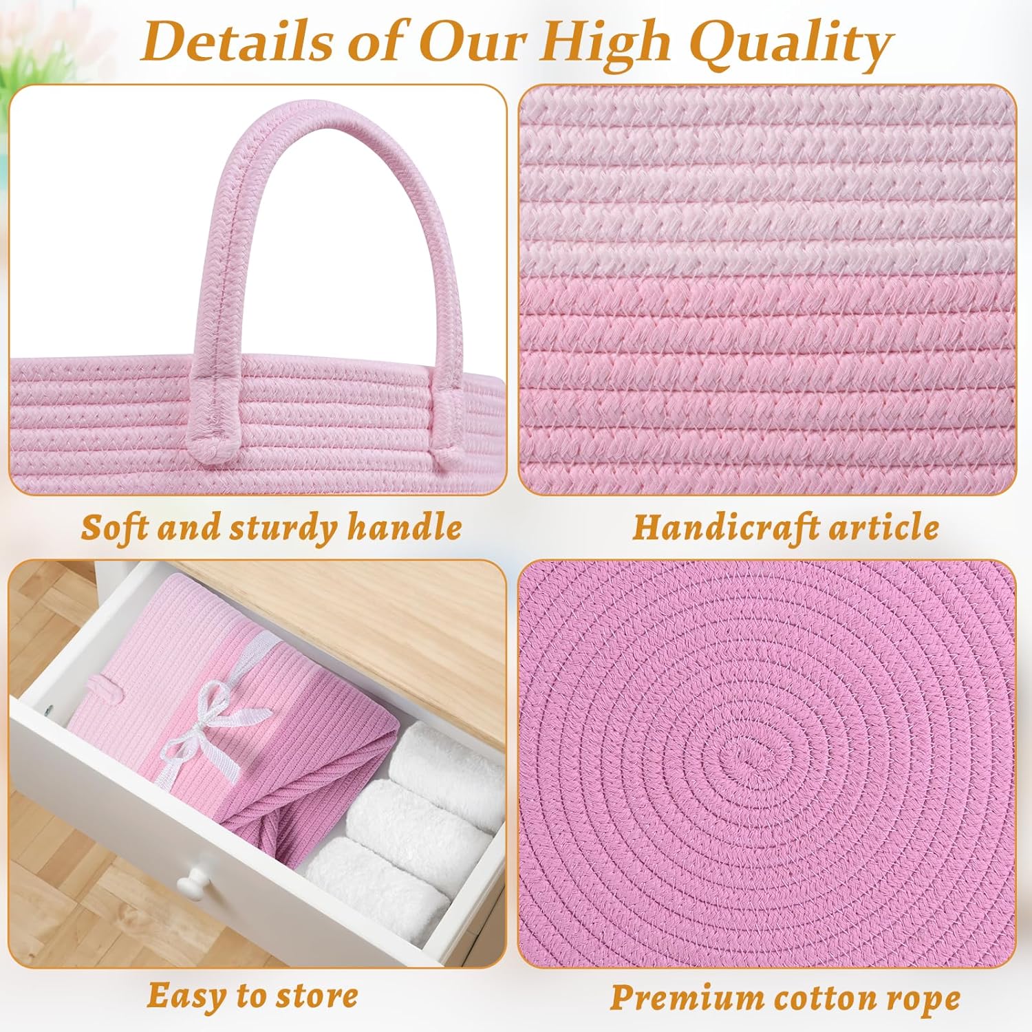 Blanket Basket Living Room, 67L Large Round Storage Basket, Cotton Rope Laundry Baskets & Toy Storage Organizer for Nursery, Bedroom, 20"×13", Pink - Image 6