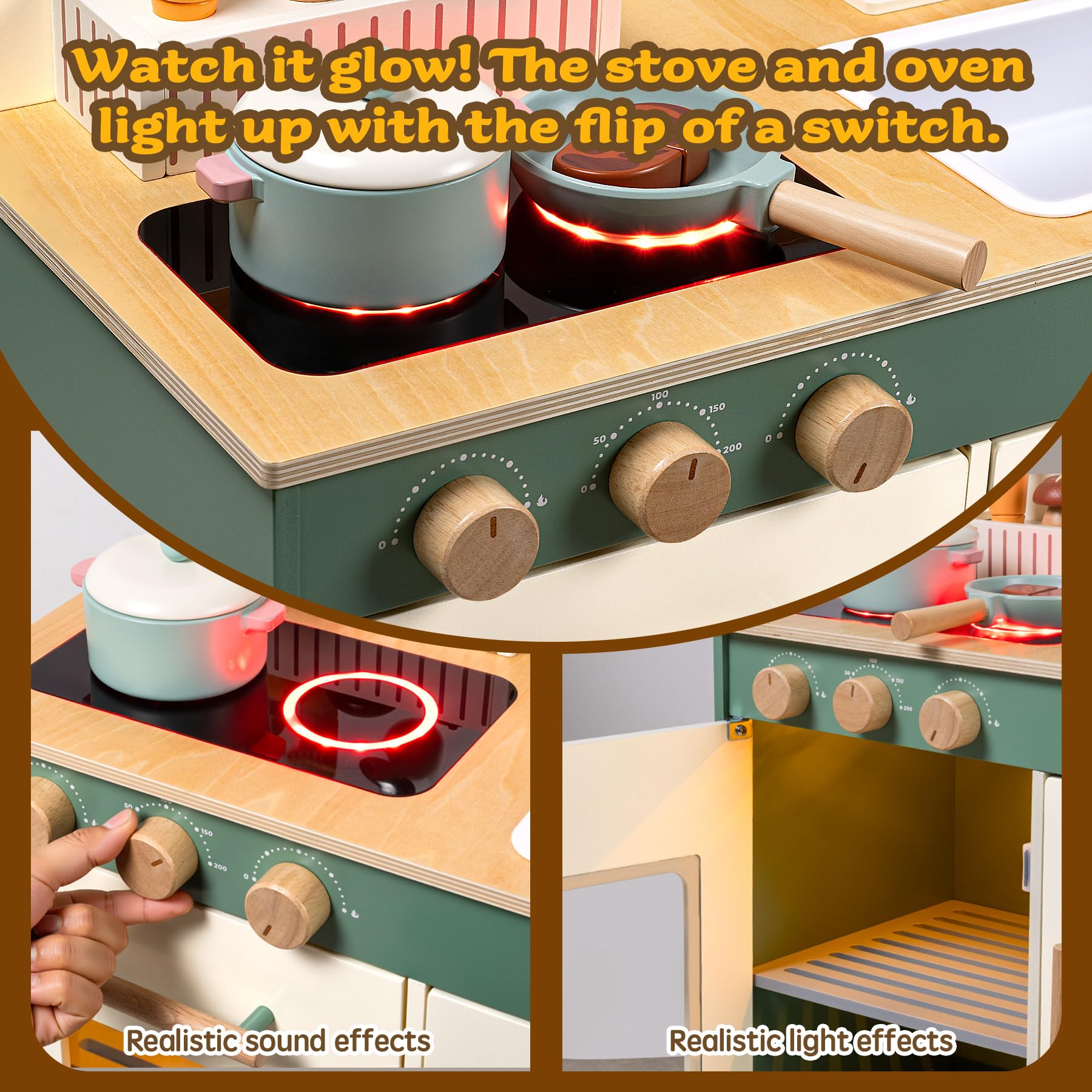 TOYWOO Kinderküche Holz mit Licht & Sound, Spielküche für Kinder ab 3 Jahren mit Schneidelebensmittel-Set, Spülbecken, Herd & Mikrowelle, Pädagogisches Rollenspielzeug Geschenk für Mädchen Jungen