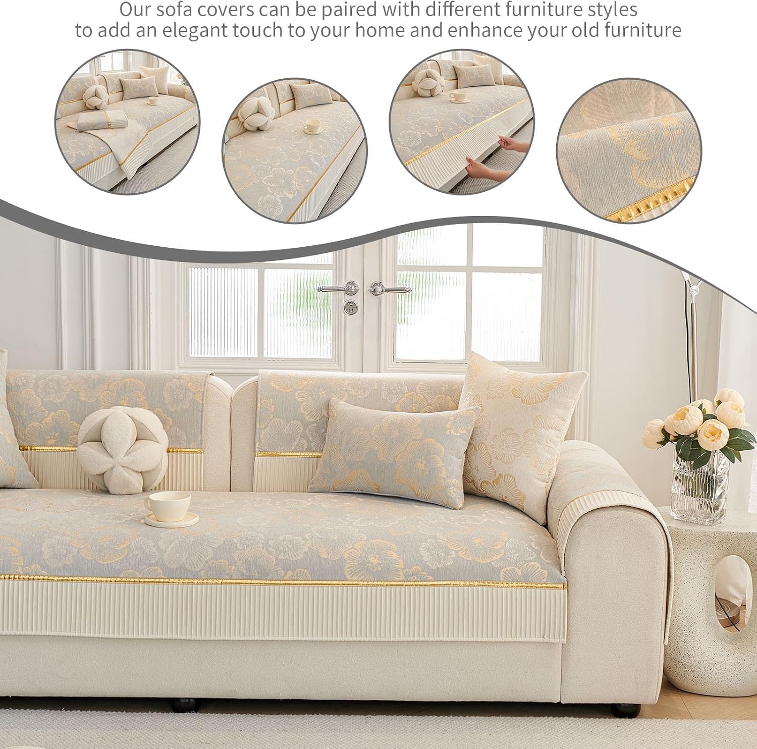 Chenilla Suave Funda Sofa Chaise Long 1 2 3 4 Plazas Protector Cubre Sofa,Niños Perros Gatos Amante de Las Mascotas,Suave al Tacto,con Diseño Antideslizante,Light Gray 1,110 * 210cm