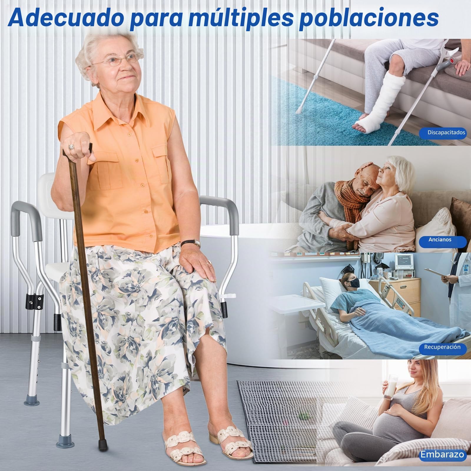 Silla de Ducha para Mayores, Asiento Extraíble en Forma de U para Taburetes de Ducha y Baño con Respaldo y Brazos, Ajustable de 6 Niveles de Ducha Regulable para Ancianos y Discapacitados