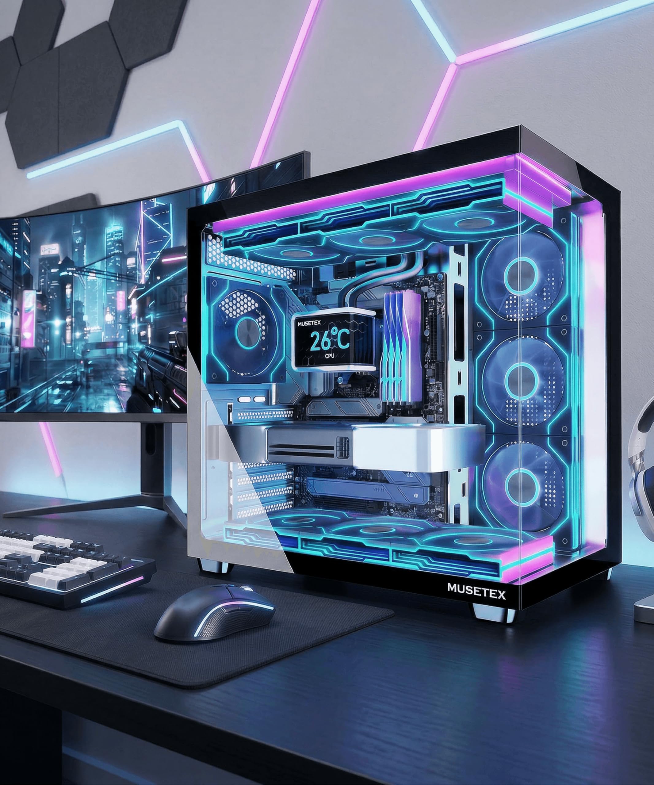 MUSETEX Y6 Boîtier PC, 7 Ventilateurs ARGB PWM Infinity Mirror préinstallés, Vue 270° en Verre Trempé, Connectique Type-C, Boîtier PC Gamer Mid-Tower ATX, Noir