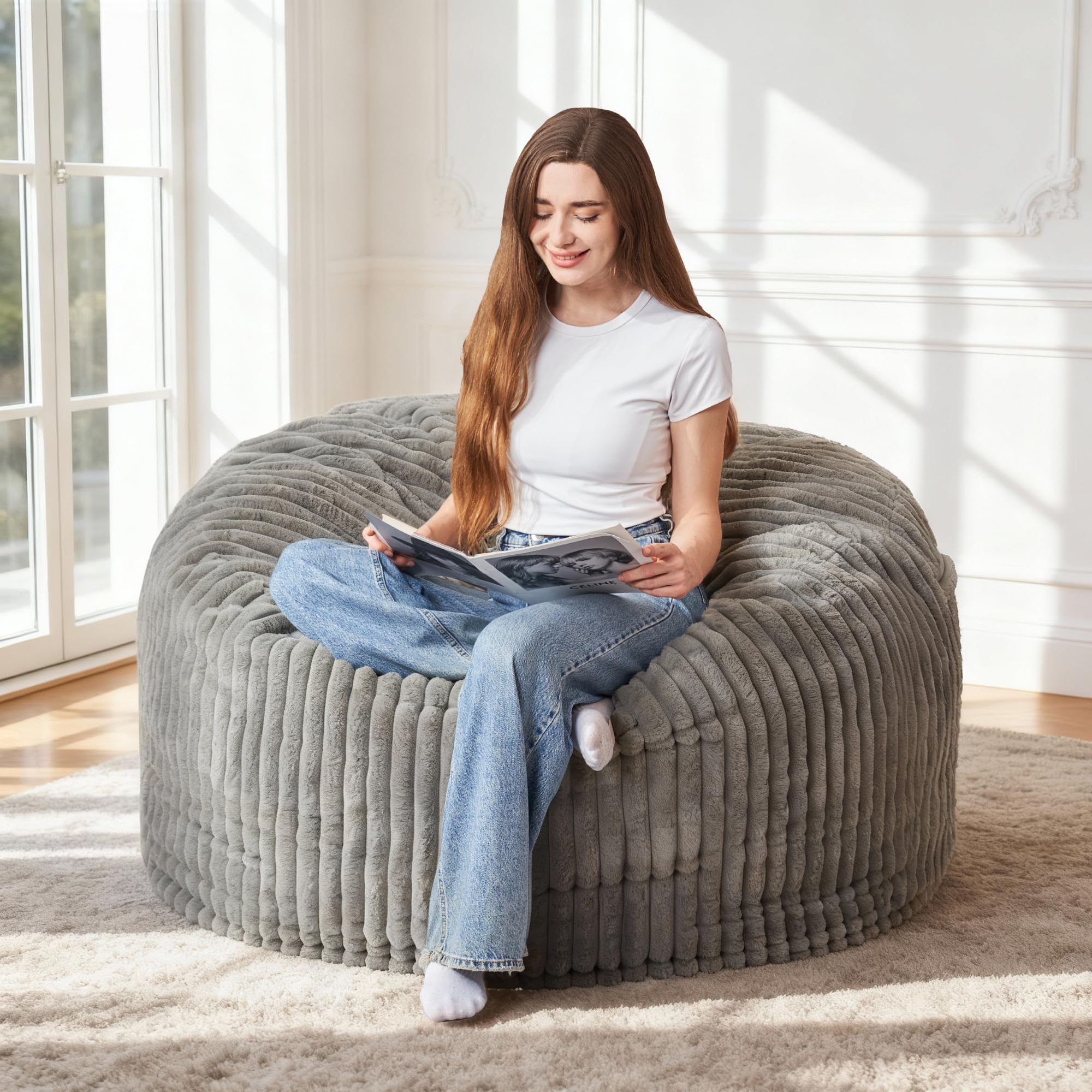 HABUTWAY 3FT Bean Bag Chair, 3' Large Bean Bag Chairs for Adults with Stripe Plush Cover, Memory Foam Beanbag Chair for Living Room Bedroom Dorm，Grey