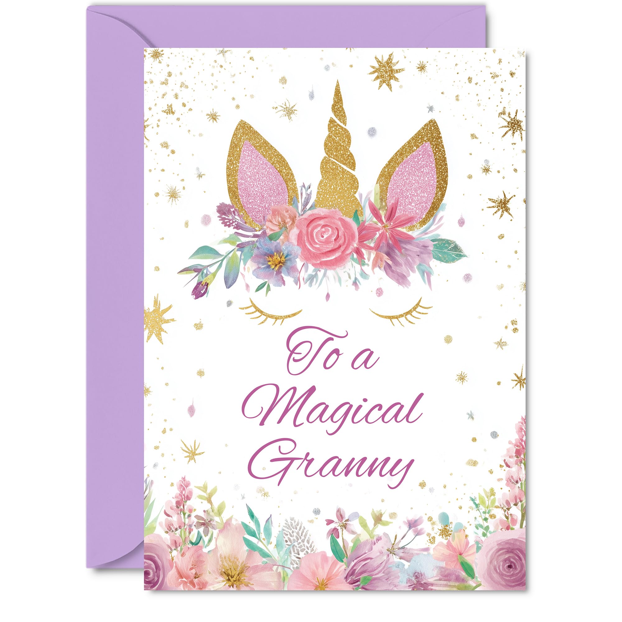 Playful Birthday Card for Granny - Sprinkle Some Magic - Whimsical Unicorn and Floral Design in Pink and Gold - Brightens Any Special Granny's Day - A5, Envelope Included