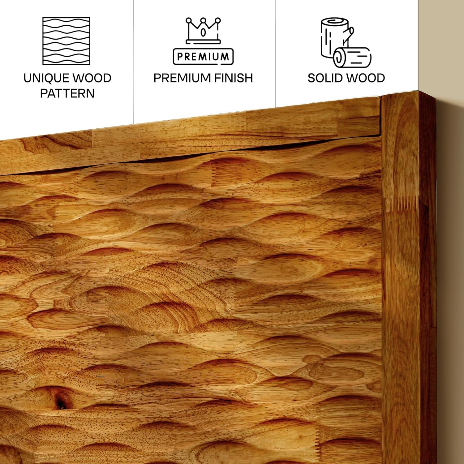 Acacia Elara King Platform Bed Frame – Mid-Century Modern Style, Carved Headboard, Solid Wood, Caramel Finish, No Box Spring, 800lbs Support, Easy Assembly with Tools Included