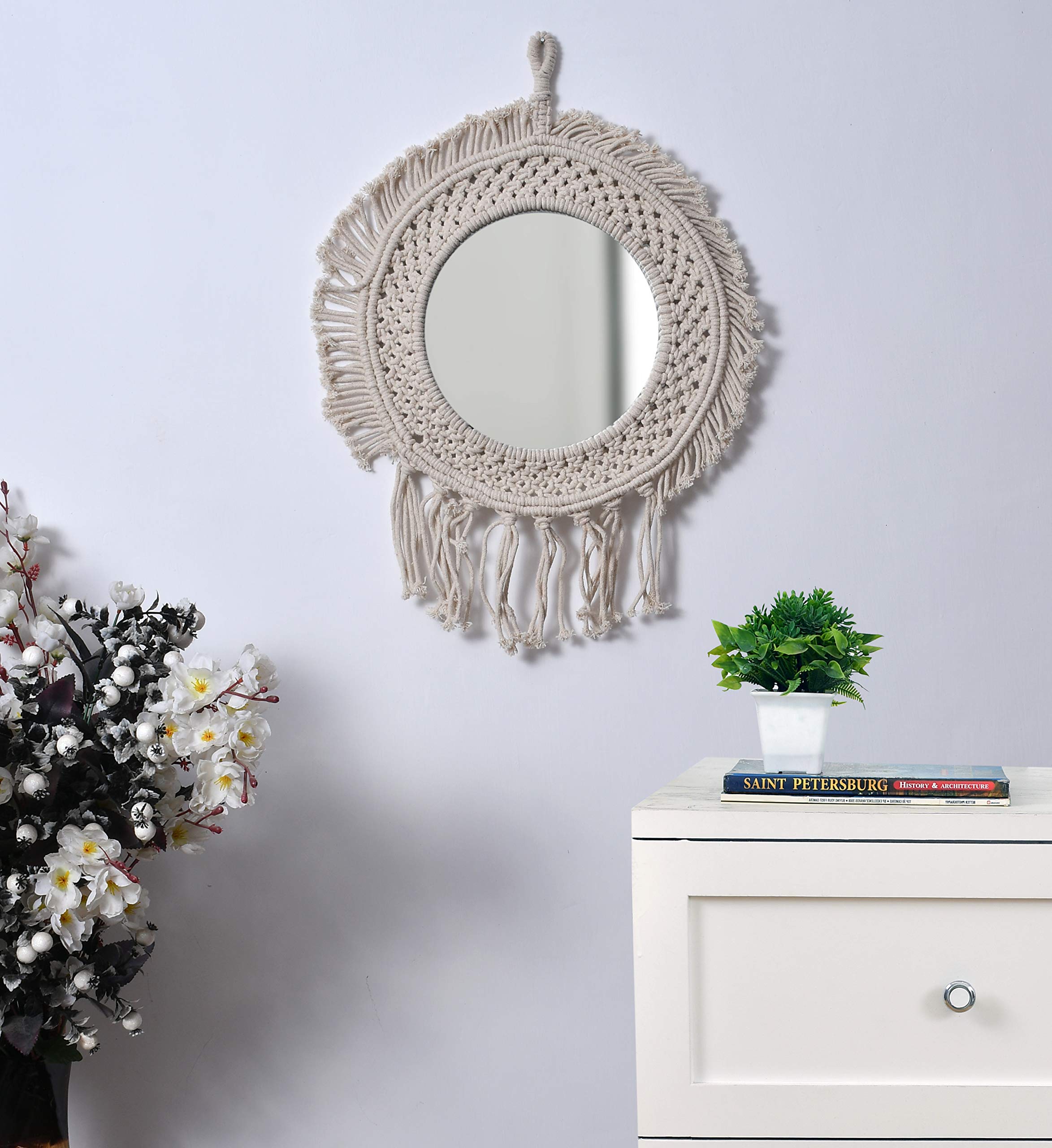 Sheen Decor Beautiful Wall Hanging Macrame Mirror, Round Boho Antique Mirror with Macrame Fringe for Apartment Living Room Bedroom Baby Nursery Decoration (Natural)
