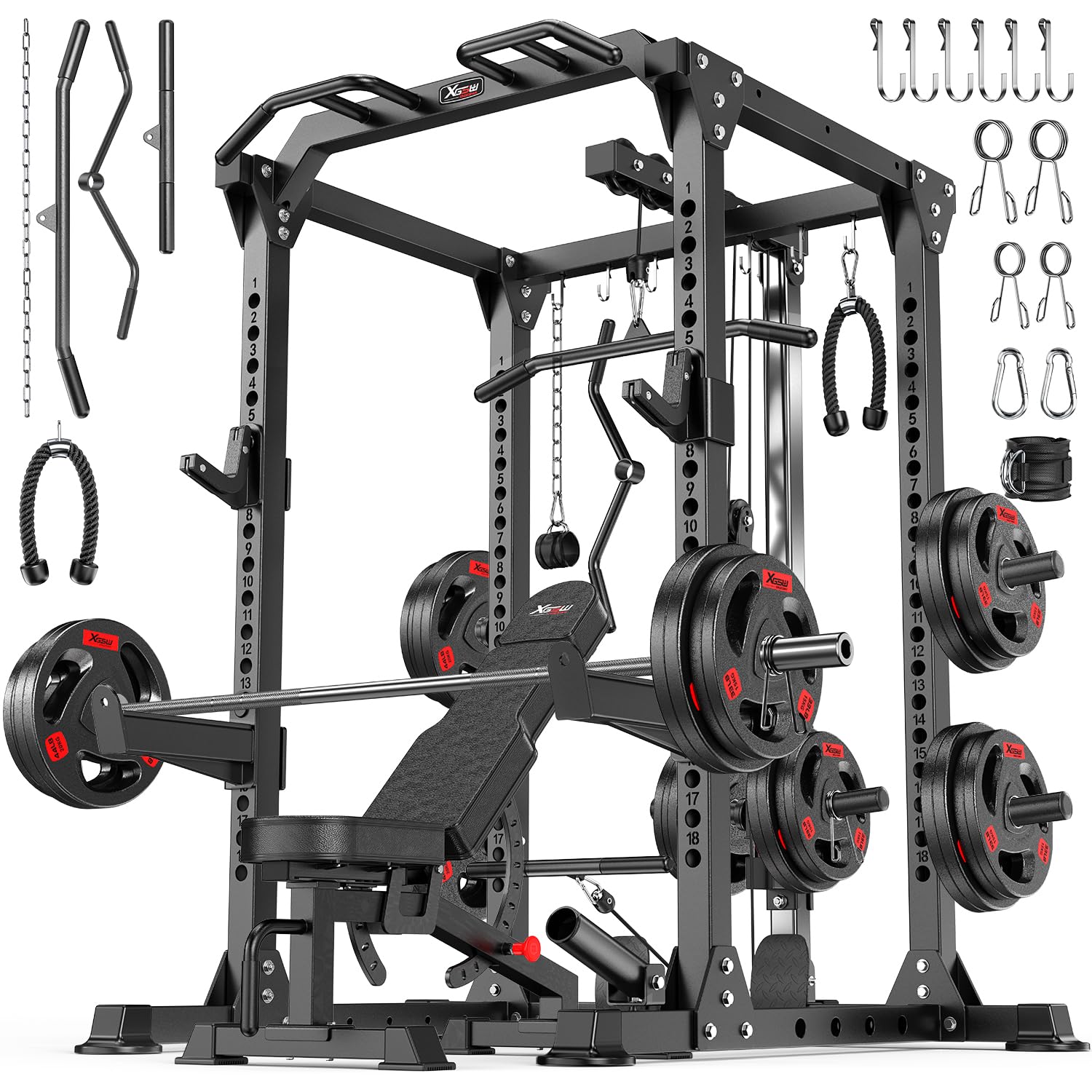 Power Cage Multi-Function Power Rack with Cable Crossover System,1800 LBS Capacity Squat Rack with Weight Bench,for Home Gym
