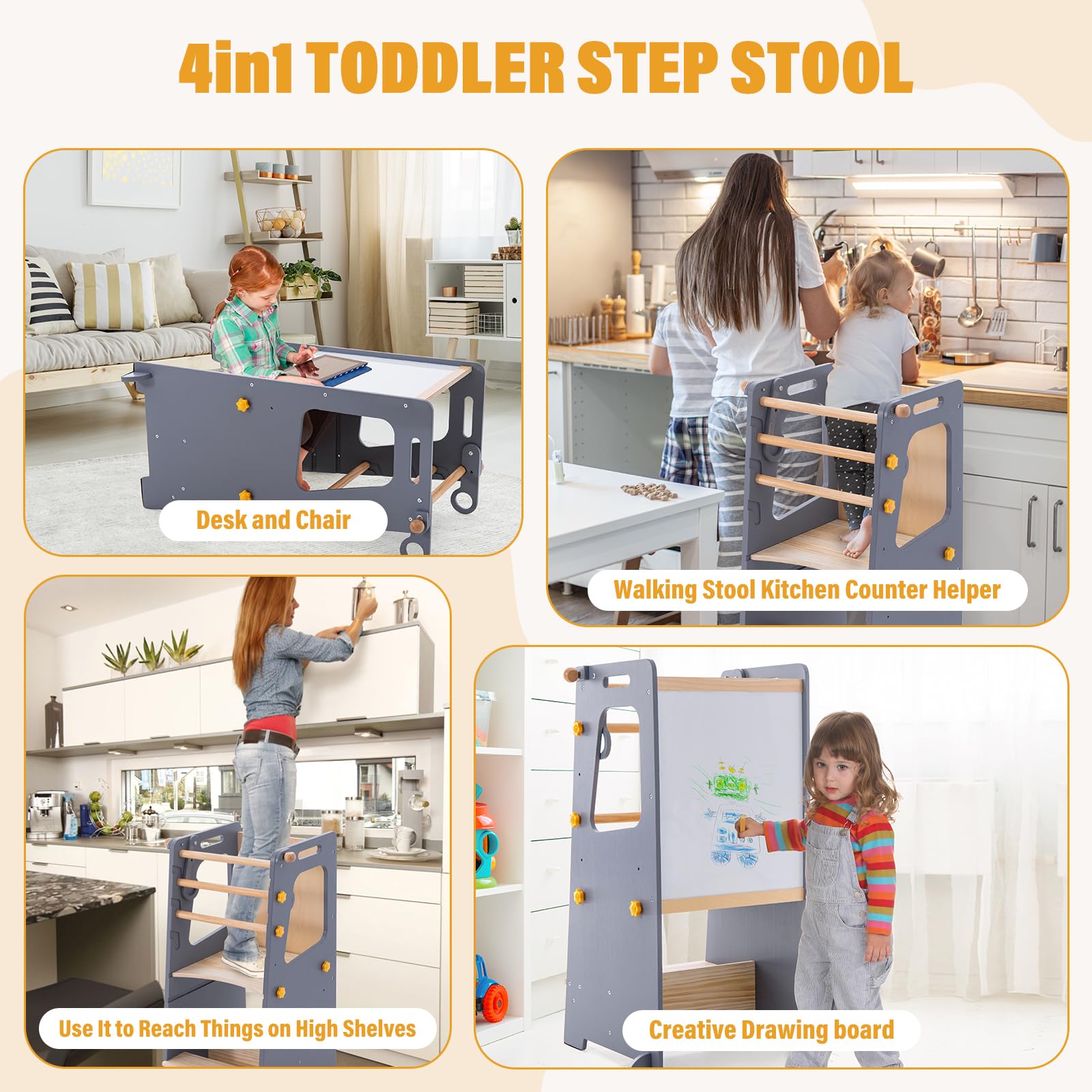 Torre de pie para niños, taburete de cocina para niños pequeños con pizarra blanca, torre de aprendizaje para niños de altura ajustable con protección antideslizante, taburete para niños con