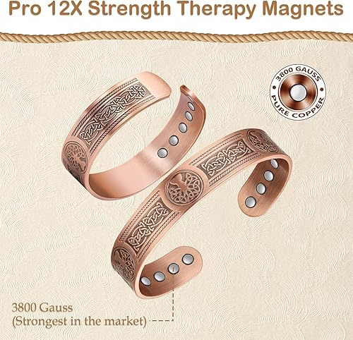 Miniatura 6 de Feraco Pulseras magnéticas de cobre de 3 filas para hombres, pulsera magnética de cobre puro con imanes de neodimio de 3 filas de longitud