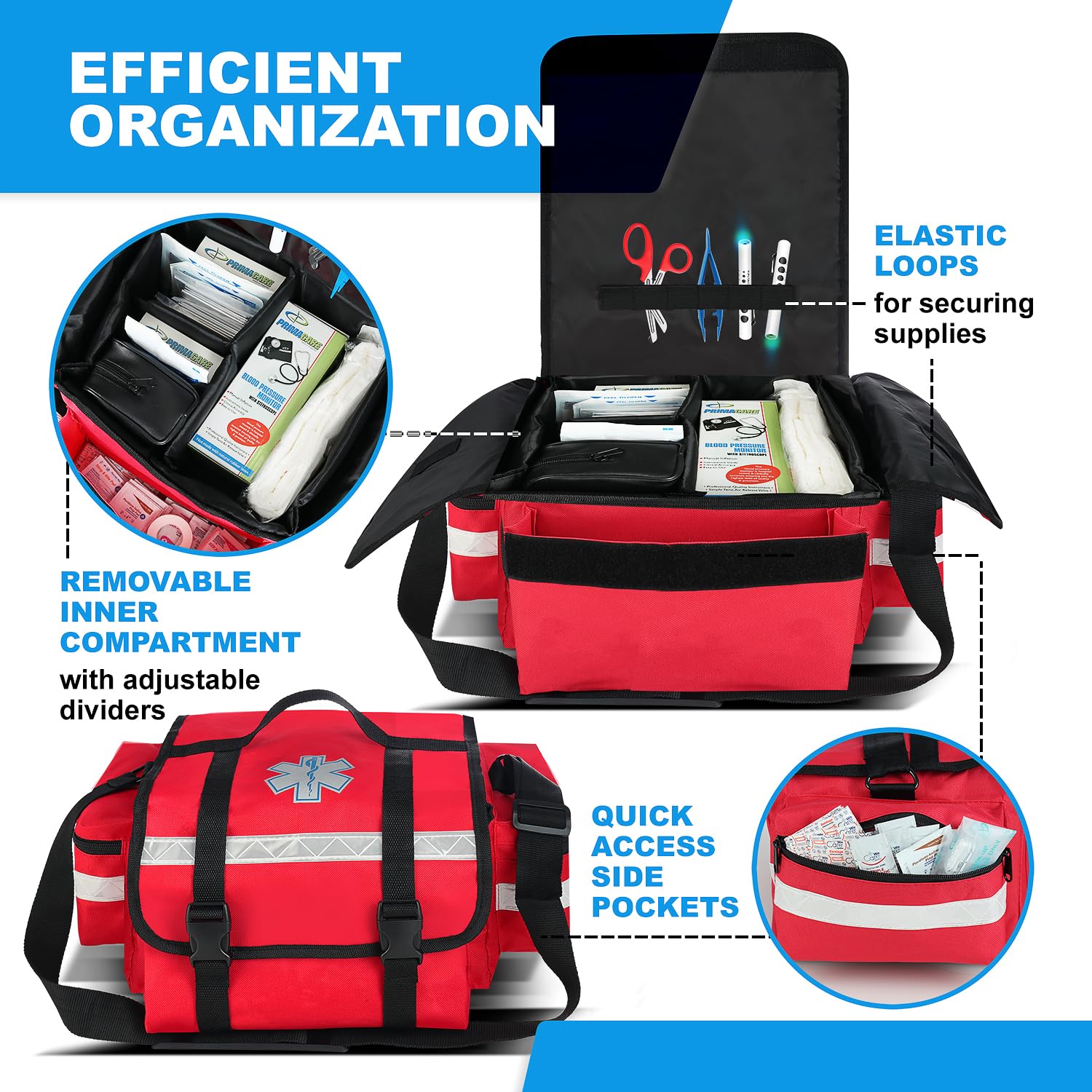 Primacare Fully Stocked Reflective Trauma Bag - 17" x 9" x 7" First Aid Responder Emergency Medical Supplies Kit, Professional EMT EMS Shoulder Bag with Zippered Side Pockets and Compartments (Red) — Amazon image 3