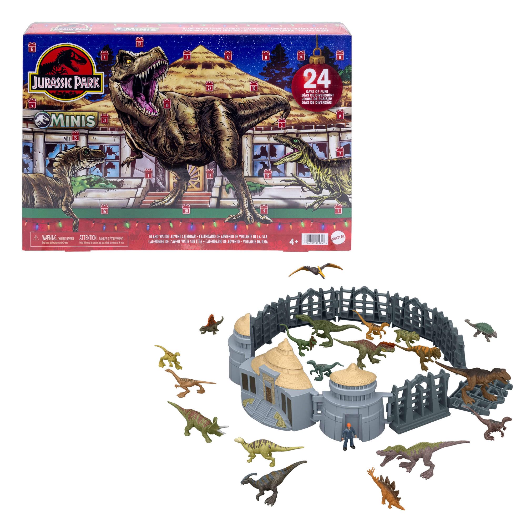 Mattel Jurassic World Calendario de Adviento, 24 días, 19 minis | Tema visita a la isla de Jurassic Park; sorpresas: dinosaurios, figura humana y accesorios, JLD23
