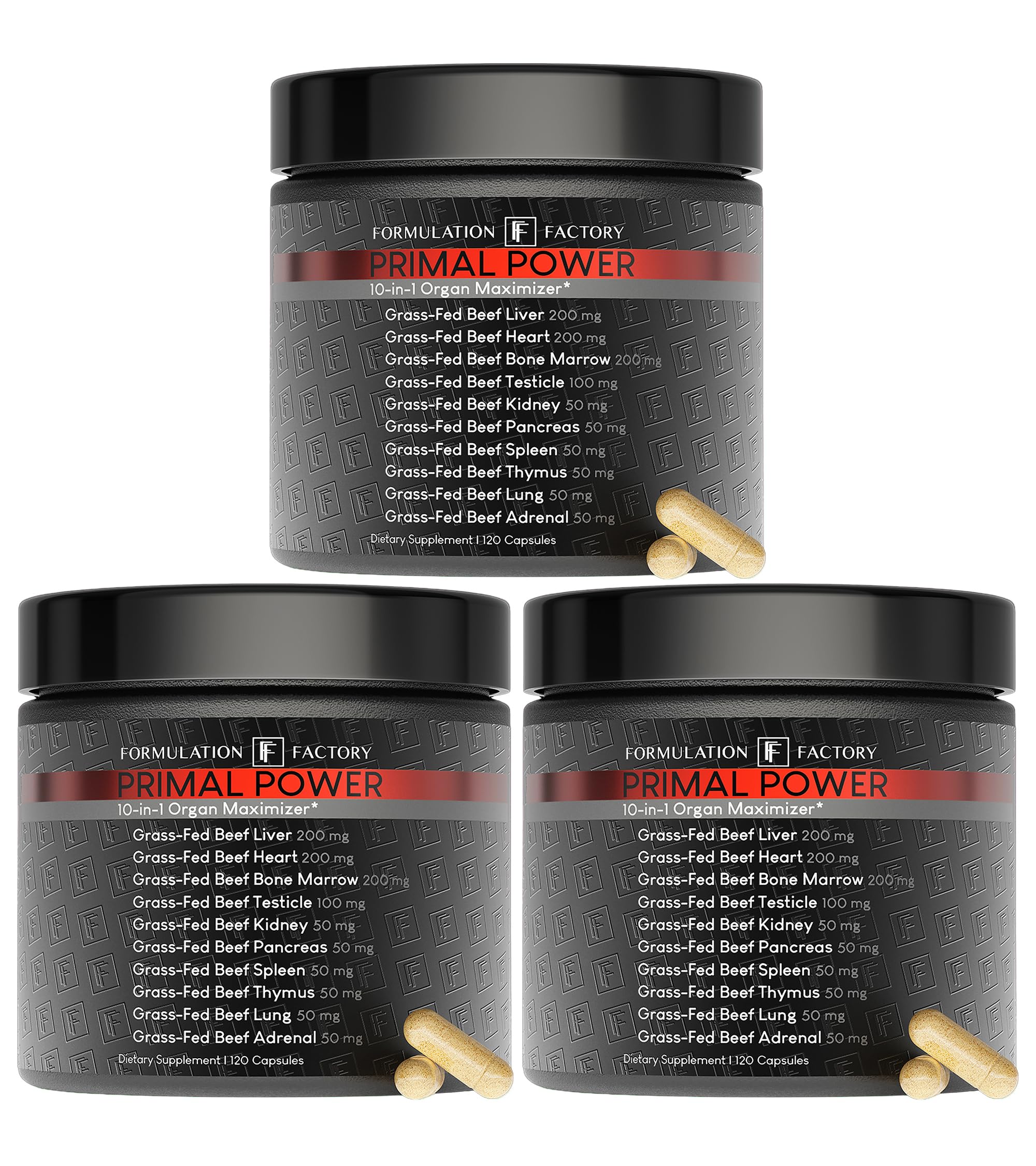 Formulation Factory Primal Power 10-in-1 Grass-Fed Organ Supplement with Beef Liver Heart Marrow Testicle Kidney Supports Vitality Hormones
