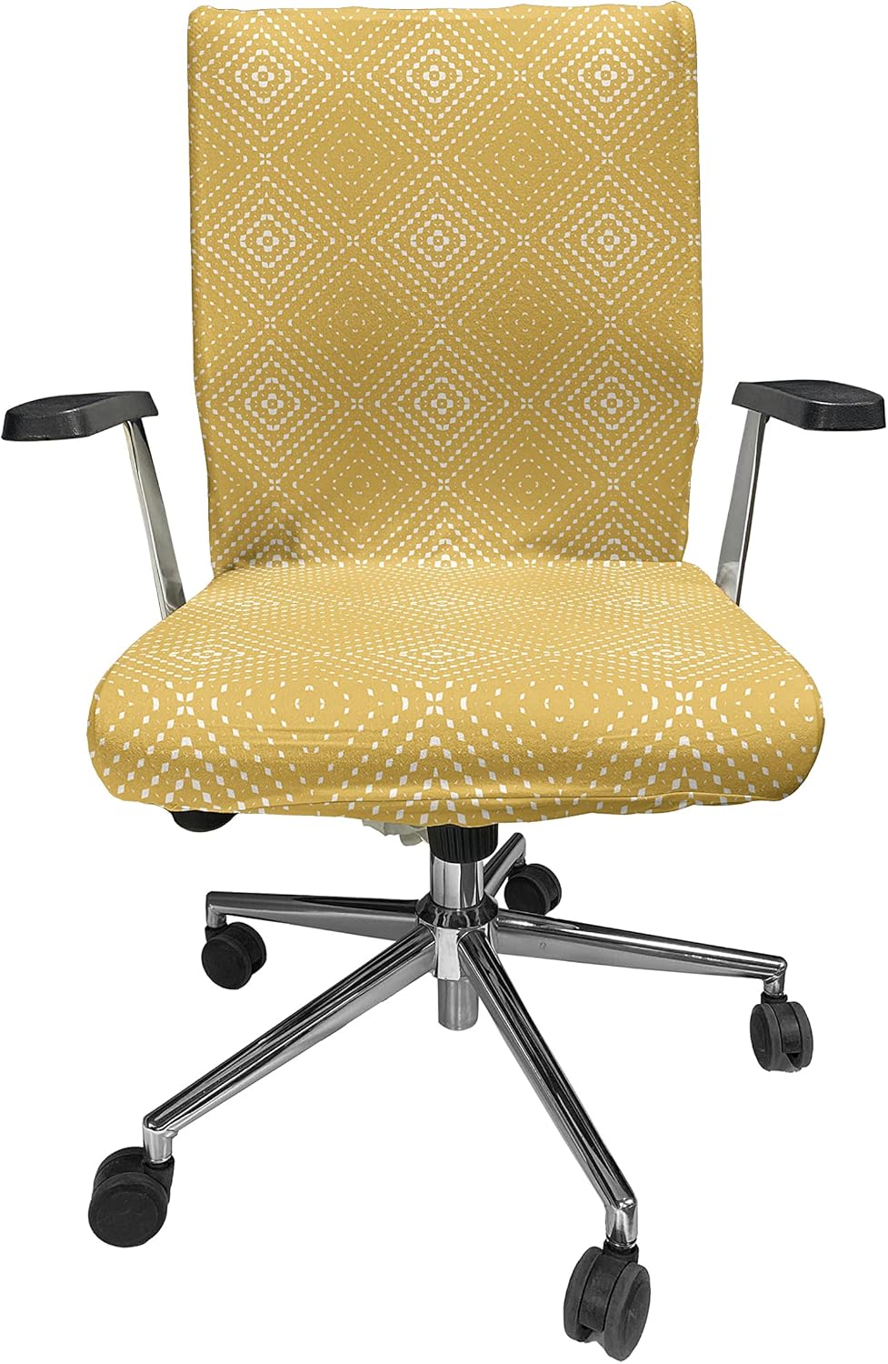 Ambesonne Mustard Office Chair Cover, Geometrical Abstract Dotted Nested Diamond Rhombus Square Forms, Stretchable Decorative Universal Size High Back Printed Slipcover, Yellow White