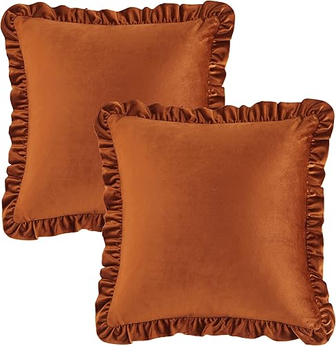 Miniatura 4 de GIGIZAZA Juego de 2 fundas de almohada decorativas color naranja quemado, 18 x 18 pulgadas, fundas de almohada de terciopelo con volantes para sofá