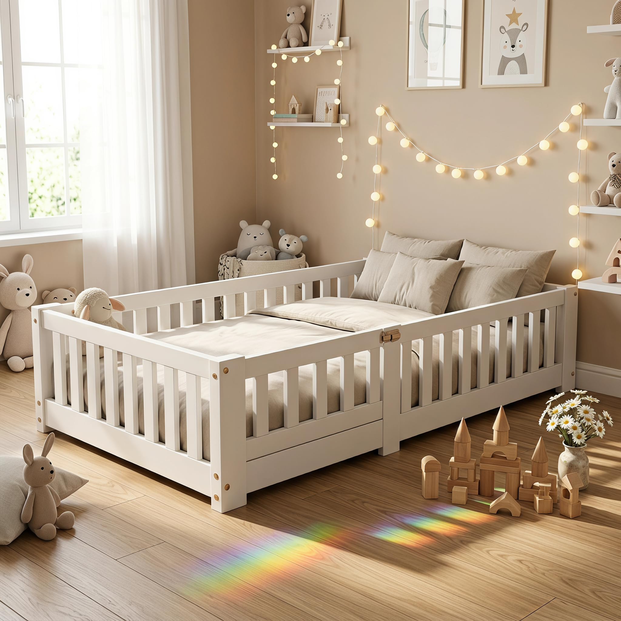 Łóżko dziecięce 90 x 200 cm z ogrodzeniem i drzwiami, łóżko podłogowe Montessori z ochroną i stelażem, drewniane łóżko do pokoju dziecięcego, łóżko pojedyncze dla chłopców i dziewcząt