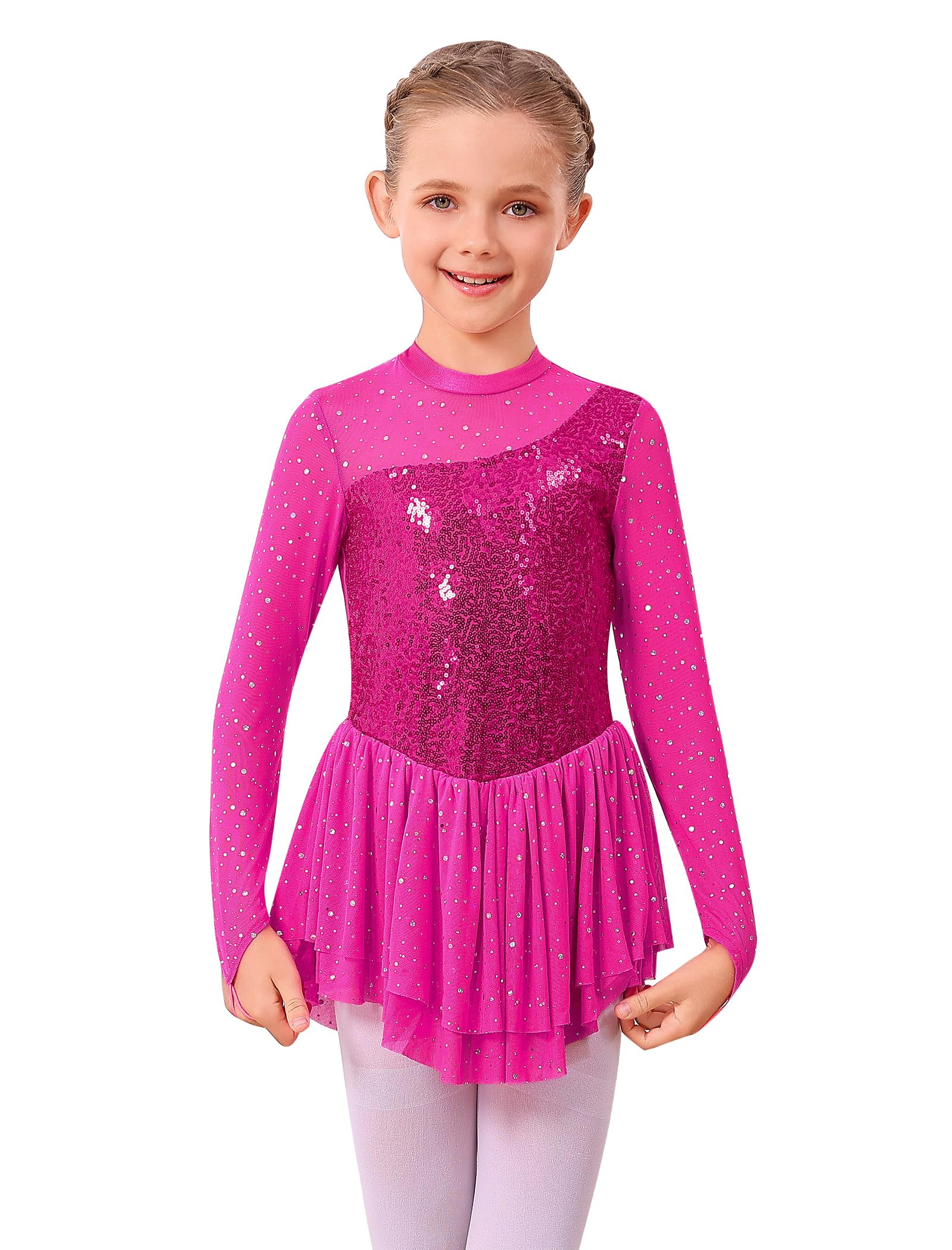 ODASDO Figure Skating Dress for Girls Mesh Long Sleeve Sparkly Sequin Skirted Leotard Ballet Outfit Dancewear
