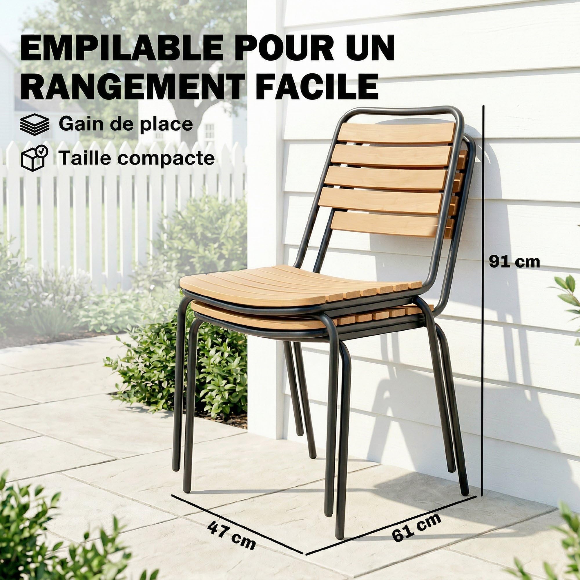 Outsunny Lot de 2 Chaises de Jardin Empilables, Assise et Dossier en Bois Massif à Lattes, Structure en Acier, Chaises d'Extérieur pour Terrasse Balcon Bistro, 61x47x81cm, Naturel
