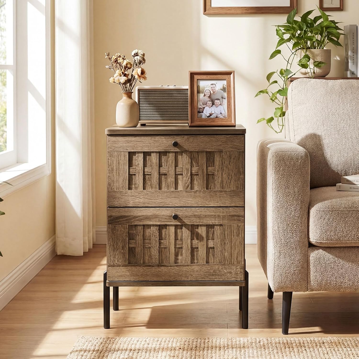 Giantex Night Stand, Mid Century Modern Sofa End Bedside Table w/2 Woven Storage Drawers & Raised Metal Support Legs, Wood Side Table for Bedroom Home Office, Rustic Oak (1) - Image 2