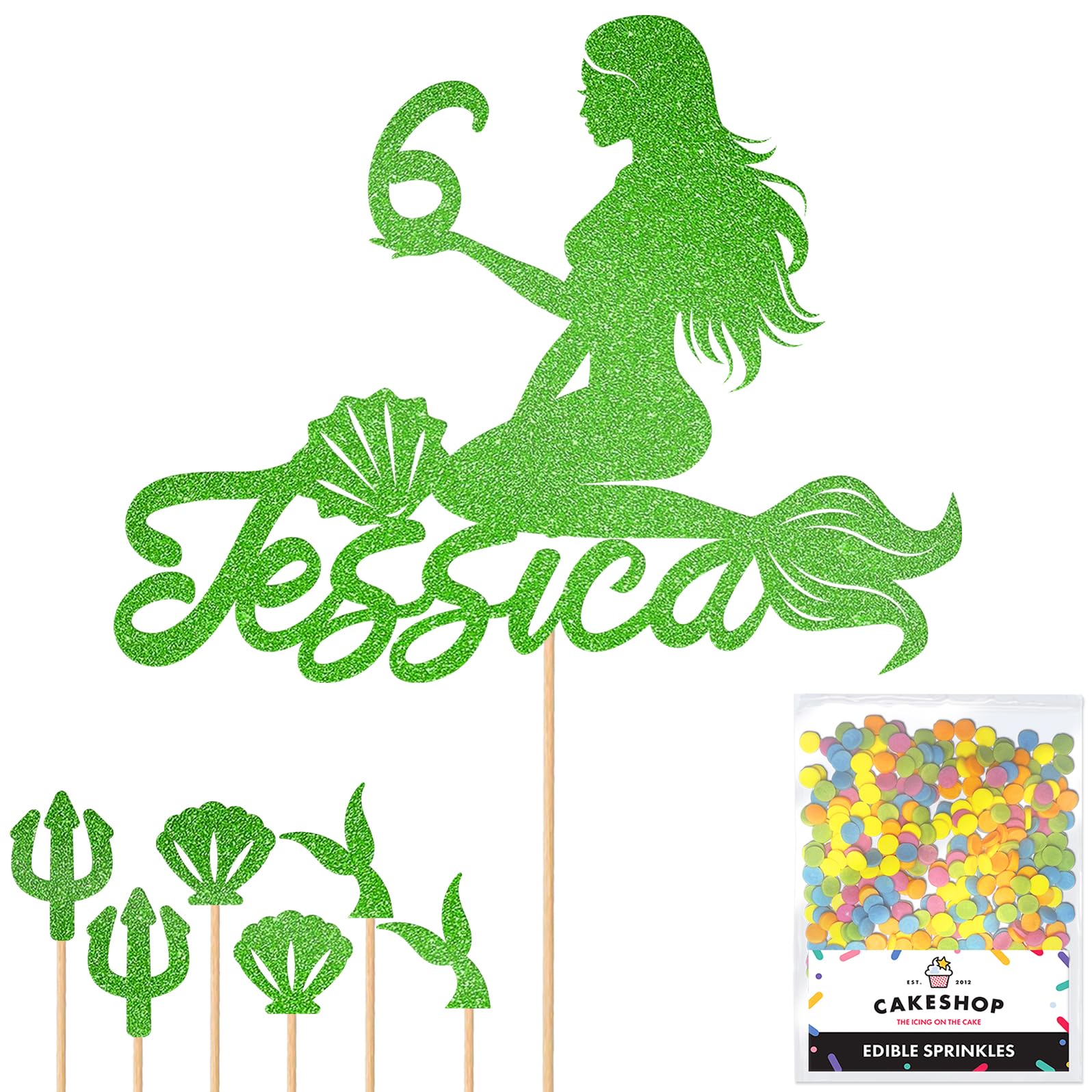 Personalised Birthday Mermaid Glitter Cake Topper- Green Any Custom Age & Name Glitter Cake Decoration and Sprinkles - Happy Birthday Decorations - Personalised Toppers for Cakes by Cakeshop — image 1