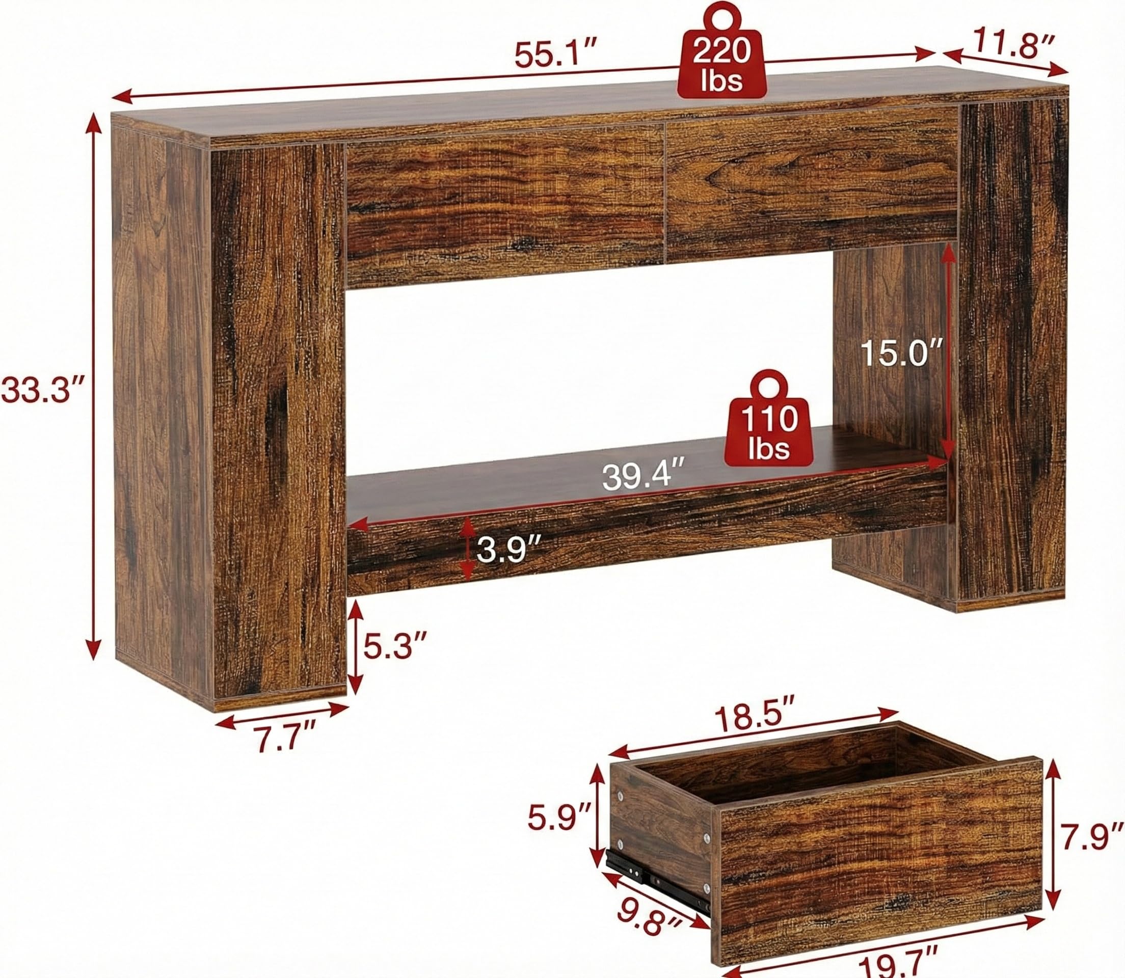 Lailang 140cm Mesa de Entrada, Mueble Recibidor Madera, Consola Estrecha, Aparador Entrada, Muebles Rusticos, 140 x 30 x 85 cm, Rustic Brown