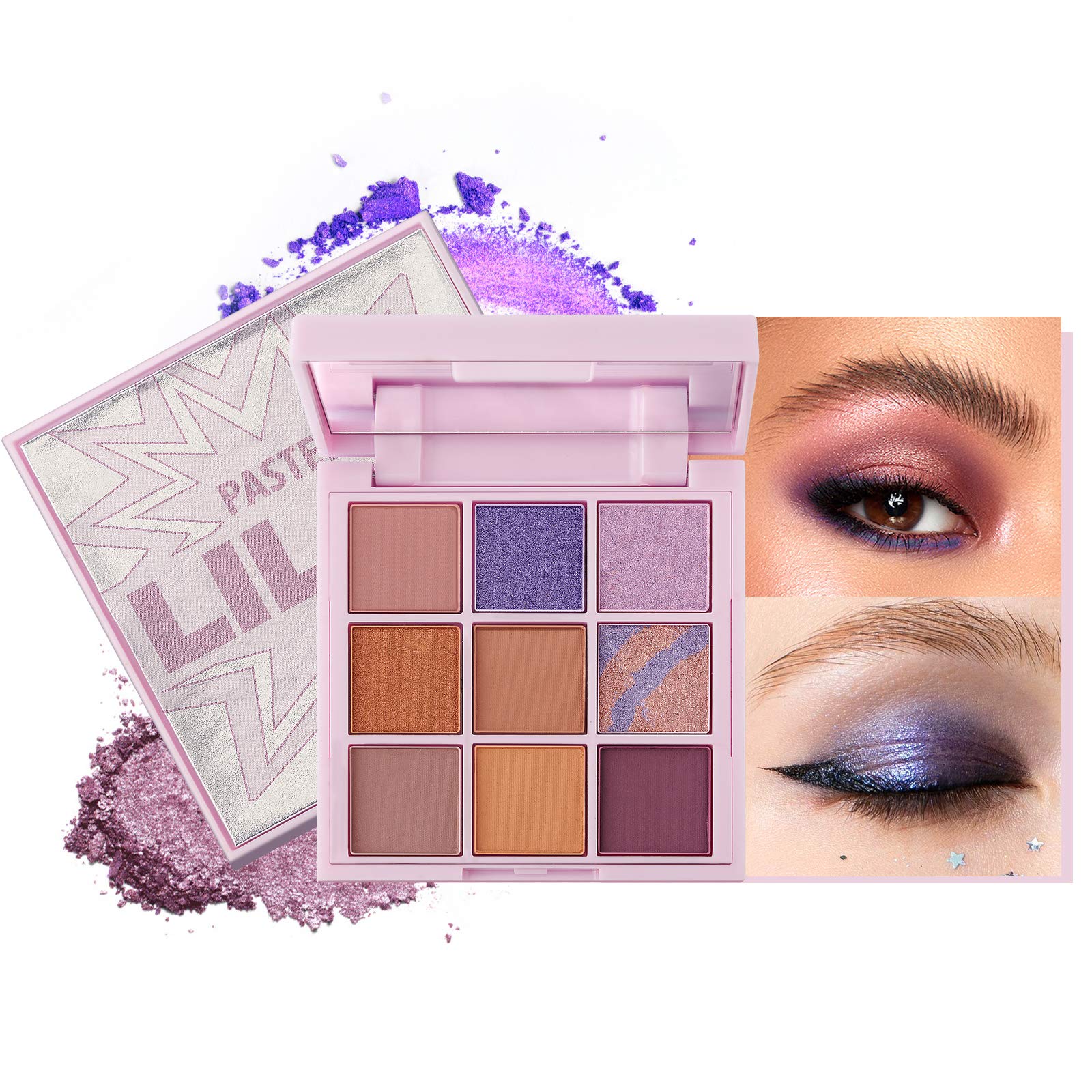 MimoreEyeshadow Palette Long Lasting Glitter Eyeshadow Shimmer Matte Makeup Palette 9 Colors Waterproof Mineral Shiny Powder High Pigmented Make up Palette Cosmetic tools (03-LILAC)