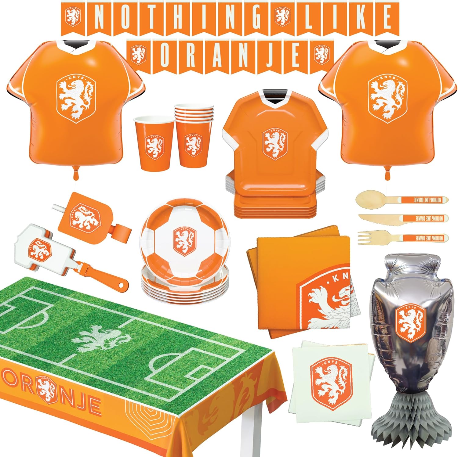World Cup National FA Official Licensed 77-Piece Party Supplies Set for 6 Guests, Plates, Cups, Napkins, Cutlery, Jersey Balloons, Decorations, Matchday Fan Celebration Kit (Holland)