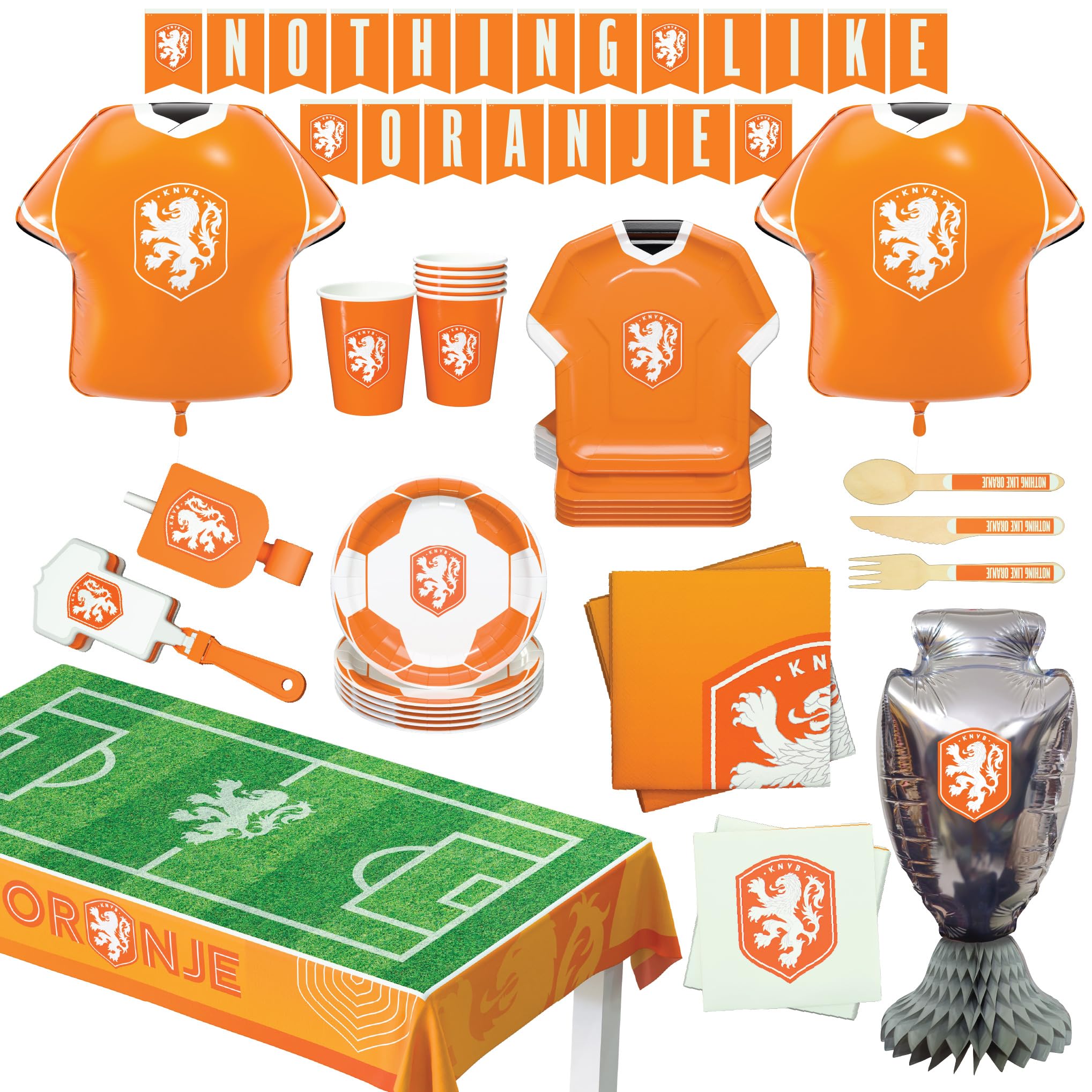 Netherlands KNVB National Team Official 77-Piece Party Supplies Set for 6 Guests, Plates, Cups, Napkins, Cutlery, Jersey Balloons, Decorations, Birthday & World Cup Match Celebration