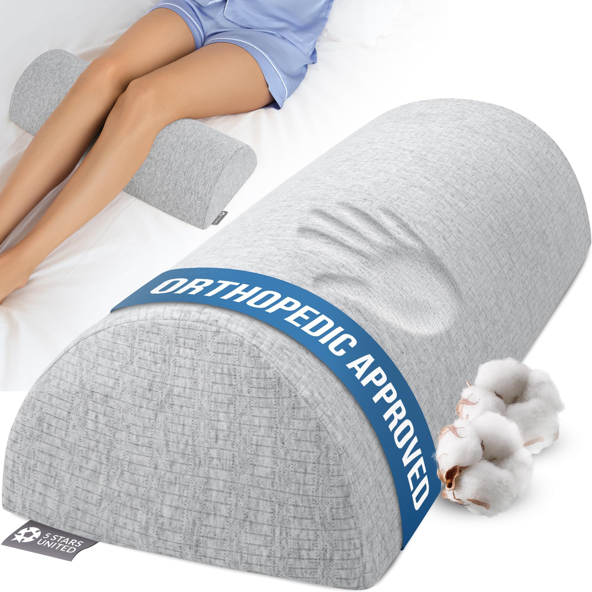 5 STARS UNITED Knee Pillow for Back Sleeping – Half Moon Bolster Pillow for Legs, Under Knee Pillow for Sleeping on Back, Memory Foam Leg Pillow for Back Pain, Natural Gray