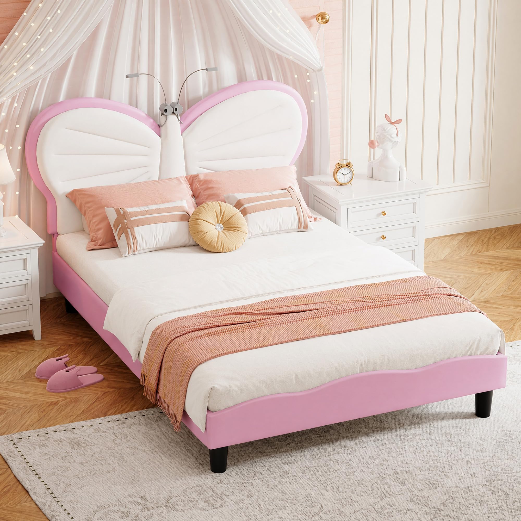 4ft Small Double Girl Bed Frame with LED & Adjustable Headboard,Pink