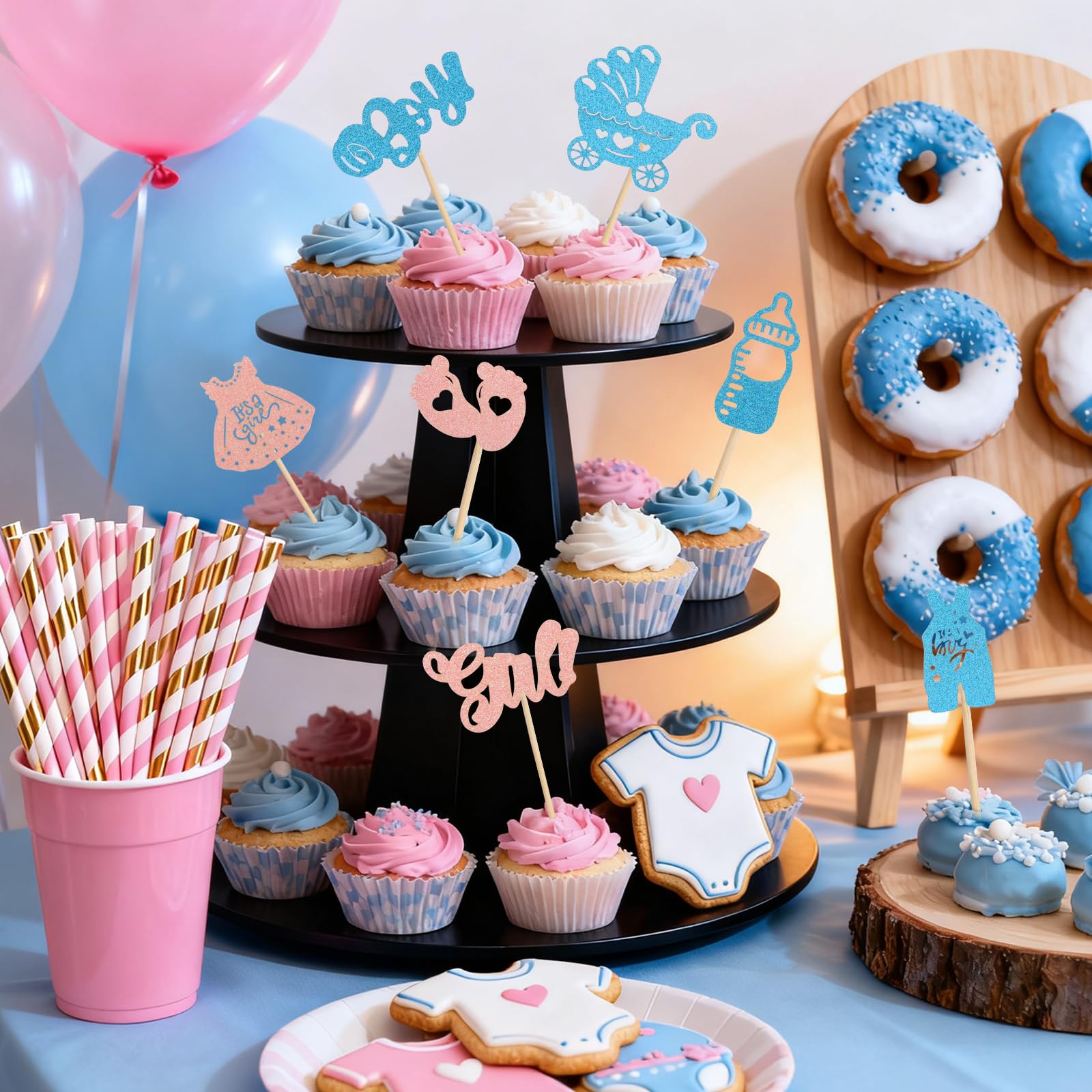 Gyufise 24 Topper Per Cupcake Rivelazione Genere - Papillon Rosa E Blu Con Glitter Oro - 2