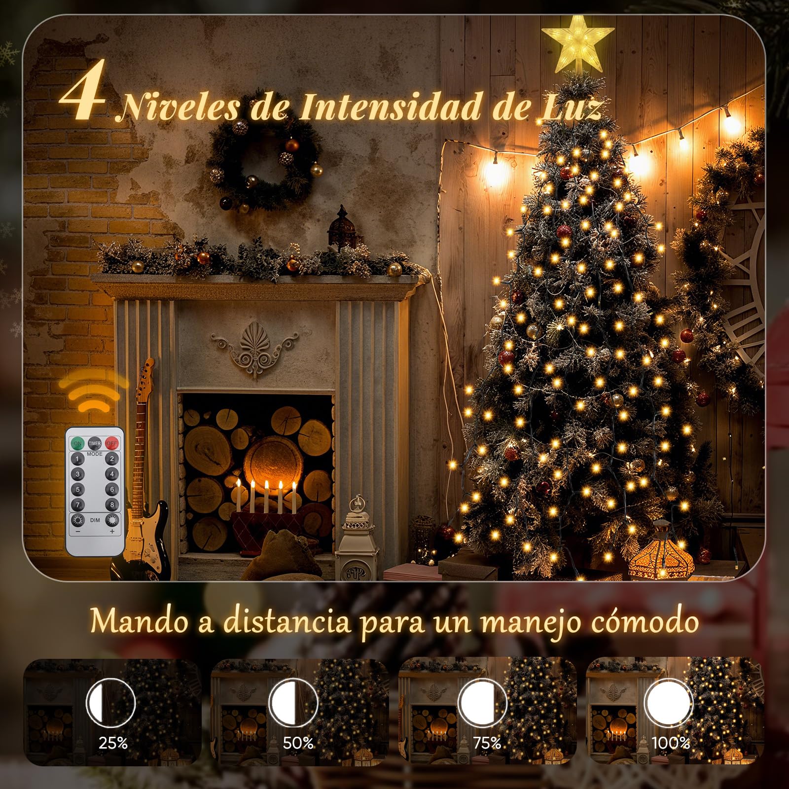 Salcar - Guirnalda luminosa para árbol de Navidad, 1,5 m, con anillos, 10 guirnaldas y estrella con mando a distancia, 260 luces LED para árbol de Navidad, interior exterior, blanco cálido