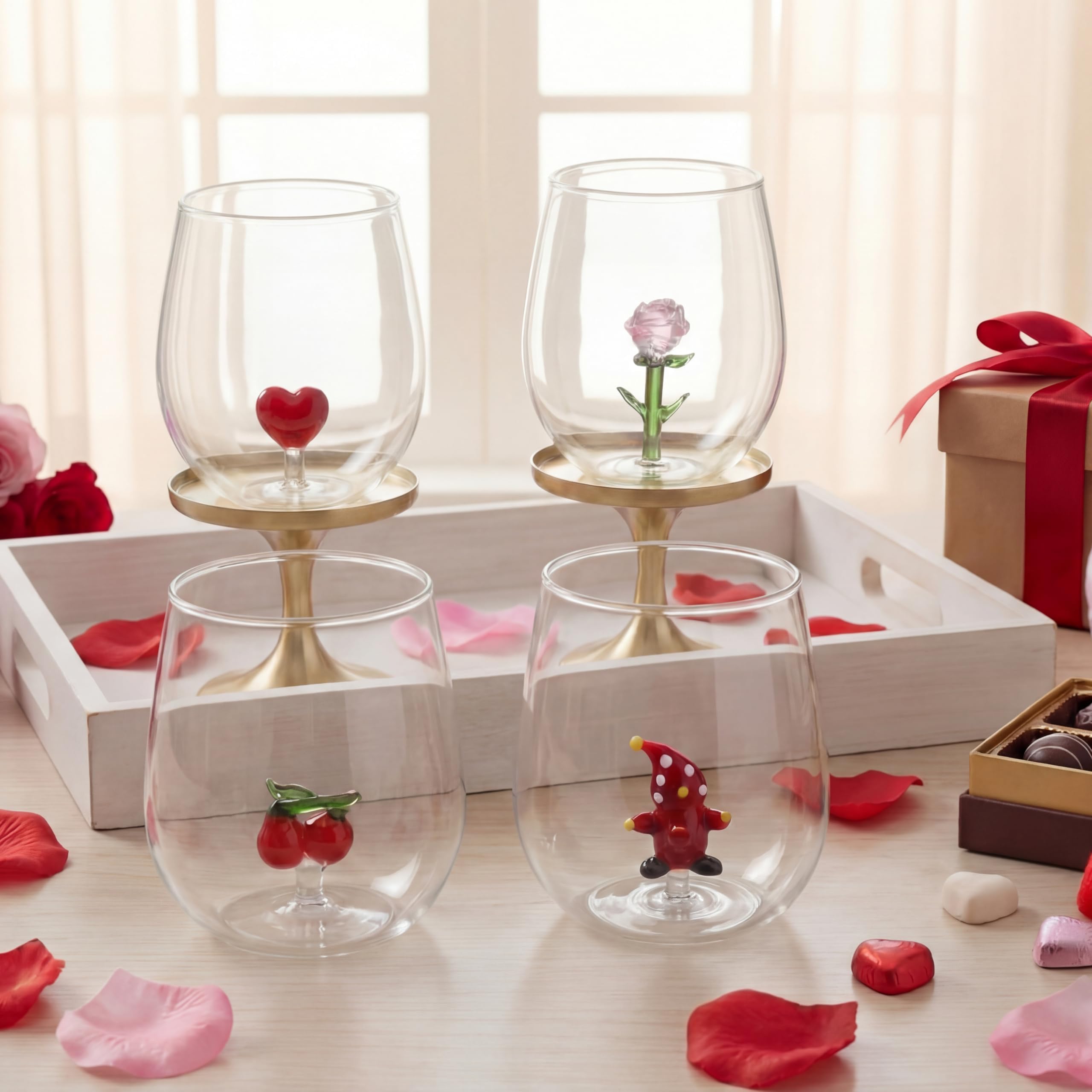 4 Pcs 3D Valentines Stemless Glasses 12 oz Heart Inside Valentines Wine Glasses Rose Cherry Gnome Figurine Inside Glass, Stemless Wine Drinkware for Valentine's Day Wedding Anniversary