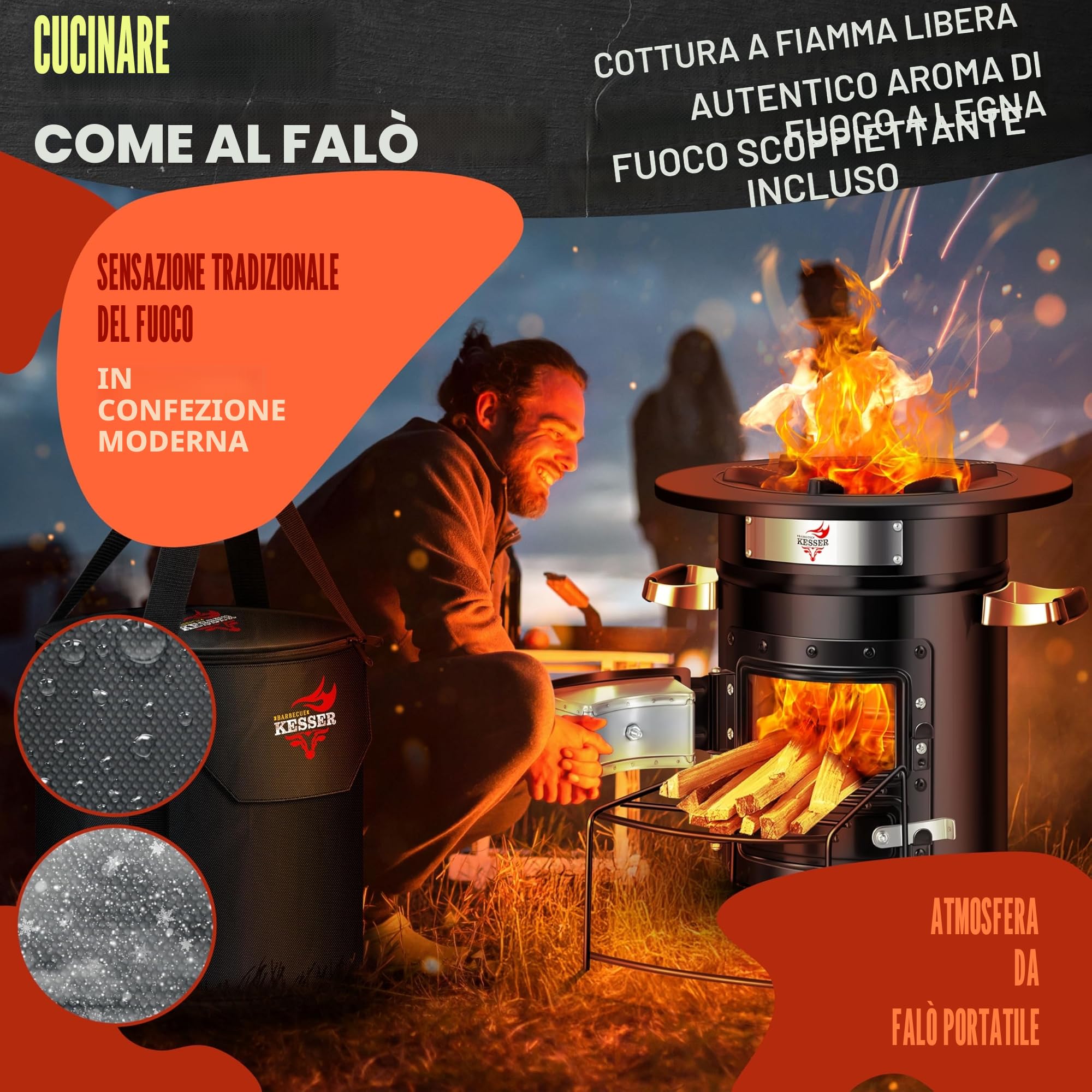 KESSER® Forno a razzo con padella in ghisa, piastra per barbecue, pinza per barbecue e borsa per il trasporto | Dutch Oven BBQ Razzo, forno a legna da campeggio, per esterni, in acciaio inox, nero