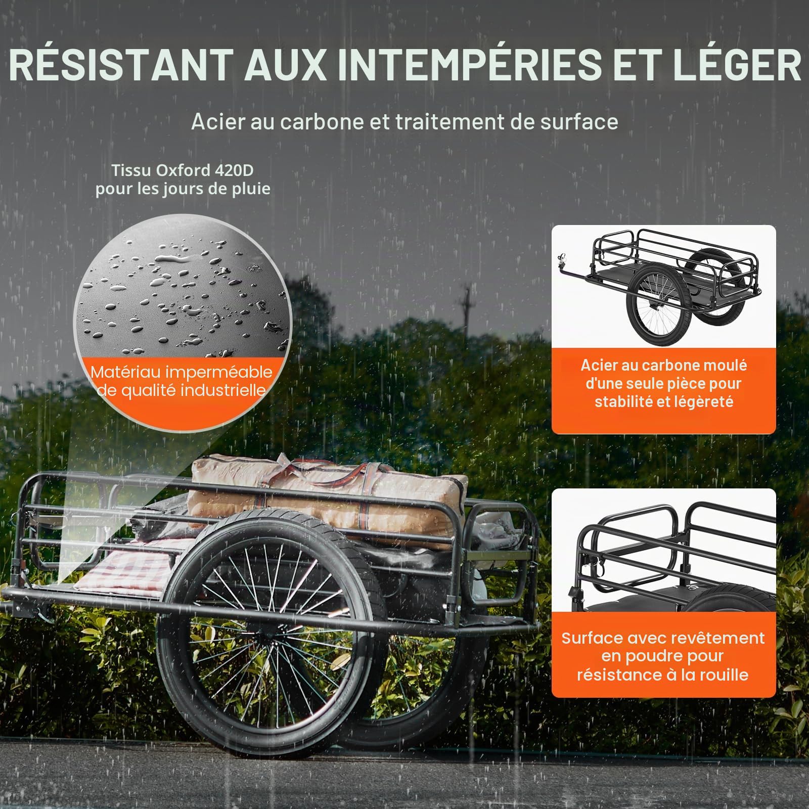 VEVOR Remorque de vélo, capacité de Charge de 125 kg, Chariot de vélo, Rangement Compact Pliable et dégagement Rapide, Roues de 508 mm, s'adapte à la Plupart des Roues de vélo, en Acier au Carbone