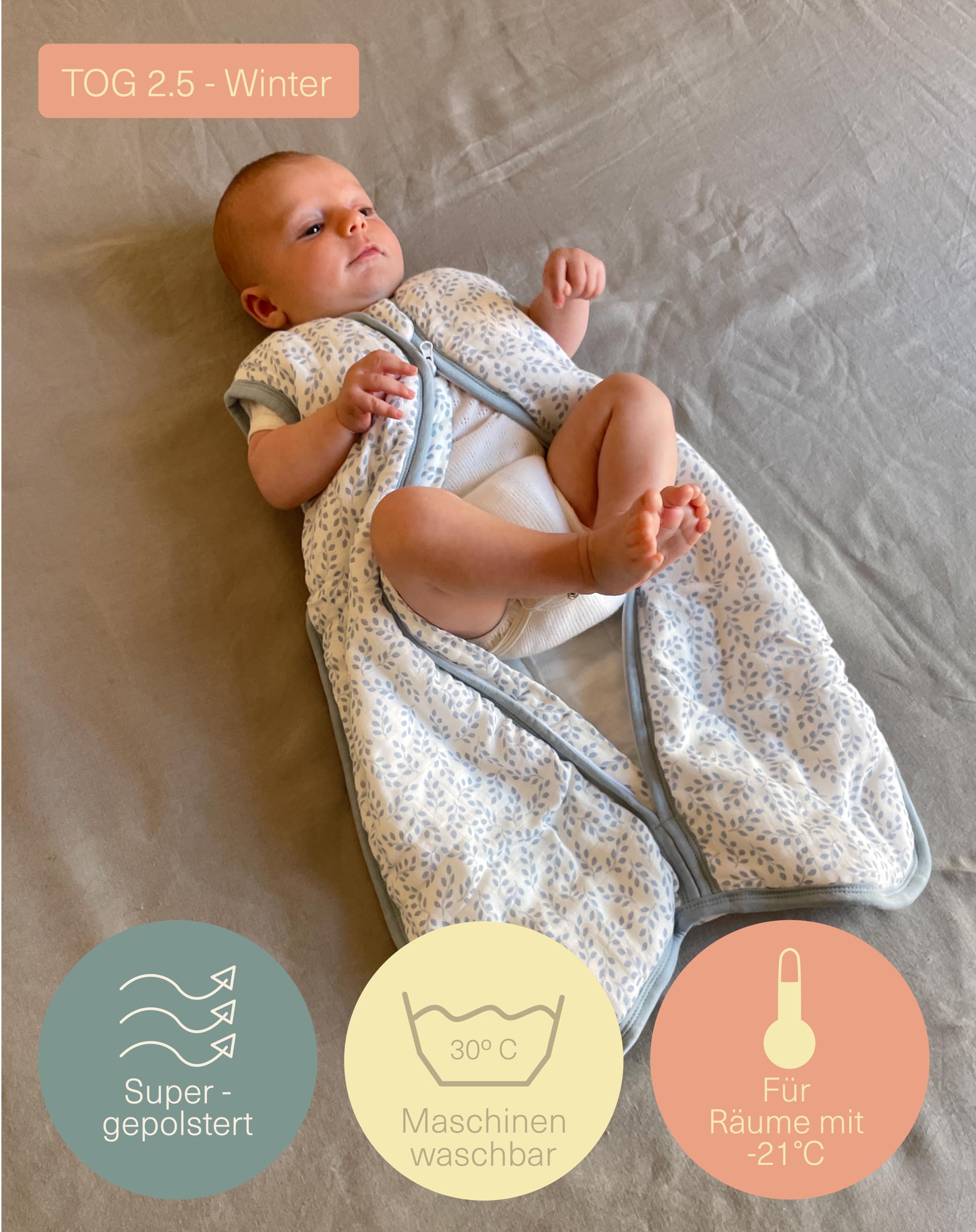 molis&co - Baby Schlafsack 2.5 TOG - Ganzjahres Schlafsack - Babyschlafsack Neugeborene - Premium-Musselin, ärmellos Winterschlafsack wattiert - Premium Qualität - Zen Garden (85 cm)