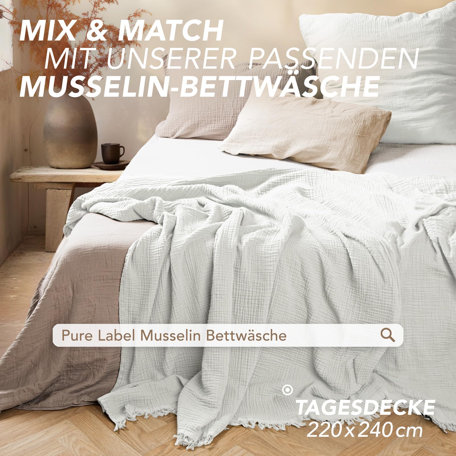 Musselin Decke 150x200 cm Oeko-Tex 100% Baumwolle Kuscheldecke Weiß