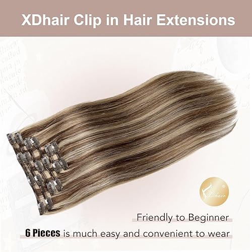 Miniatura 2 de XDhair Extensiones de cabello humano Remy con pinzas, color marrón medio #4 mezclado a rubio caramelo #27, cabello real de seda, 3.53 onzas, 6