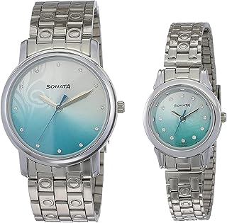 Sonata Bandhan Quartz Analog Gradient Silver & Blue Dial Silver Metal Strap Watch for Couple - NT10138925SM01