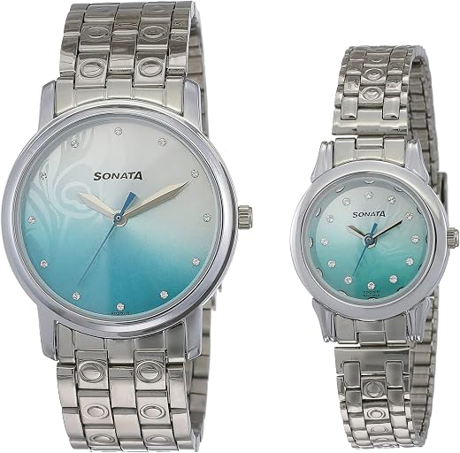 Sonata Bandhan Quartz Analog Gradient Silver & Blue Dial Silver Metal Strap Watch for Couple - NT10138925SM01