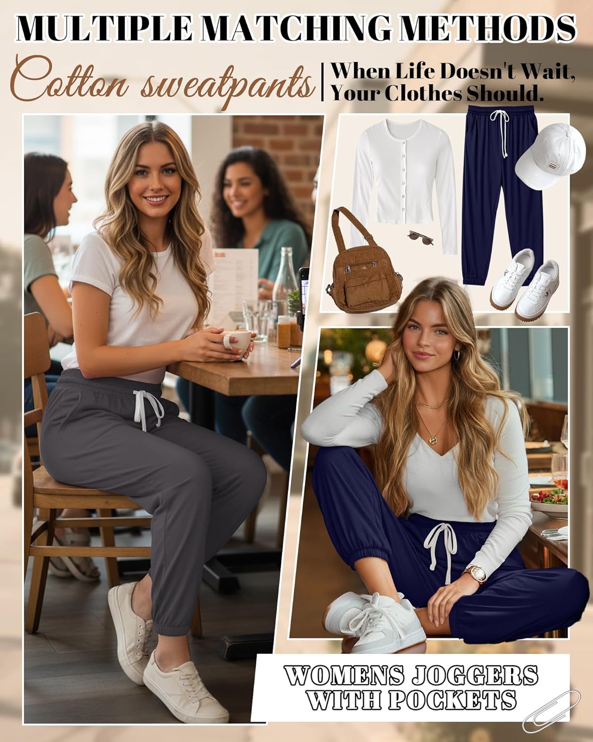 3 Pack Womens Sweatpants Lightweight Joggers Lounge Pants Casual Tapered Cuffs Elastic Drawstring with Pockets(Black, Navy, Dark Gray,Large) - Image 5