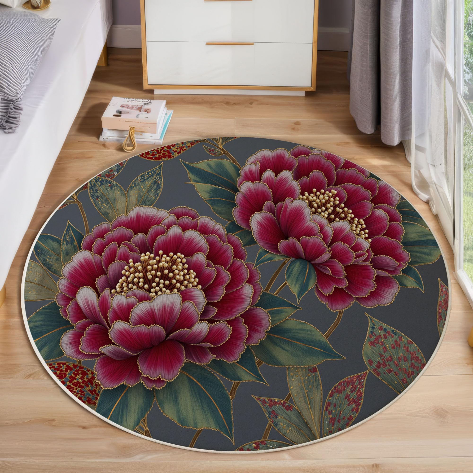 Tapis de chambre enfant et salle à manger rond vert foncé floral