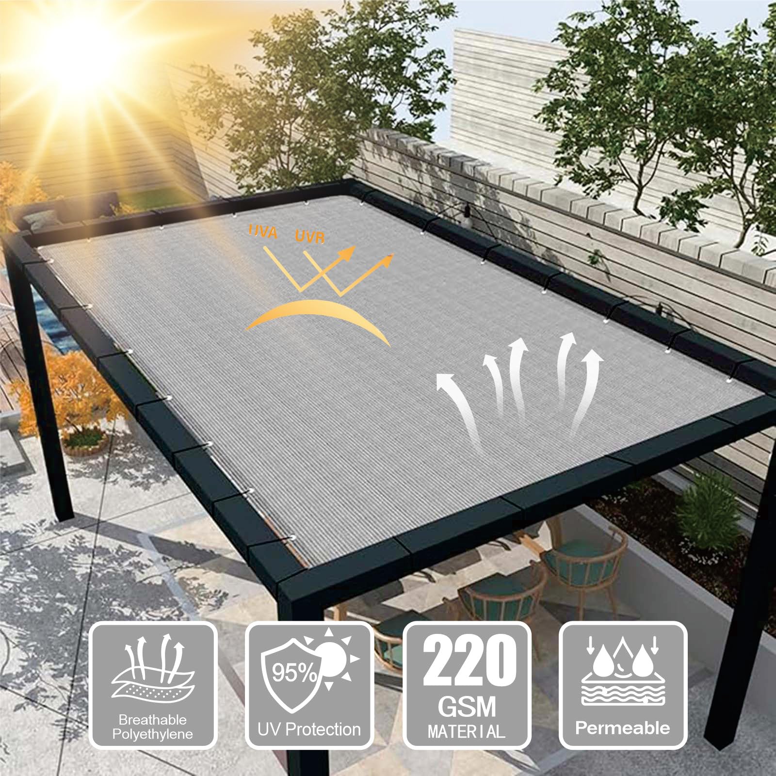 Tkanina Zaciemniająca 175 x 295 cm Oddychające HDPE – 95% Blokady Uv, 90% Zacienienia Siatka Cieniująca HDPE Do Szklarni Z Oczkami, Z Linką I Opaskami Kablowymi Do Ogrodu, Jasny szary