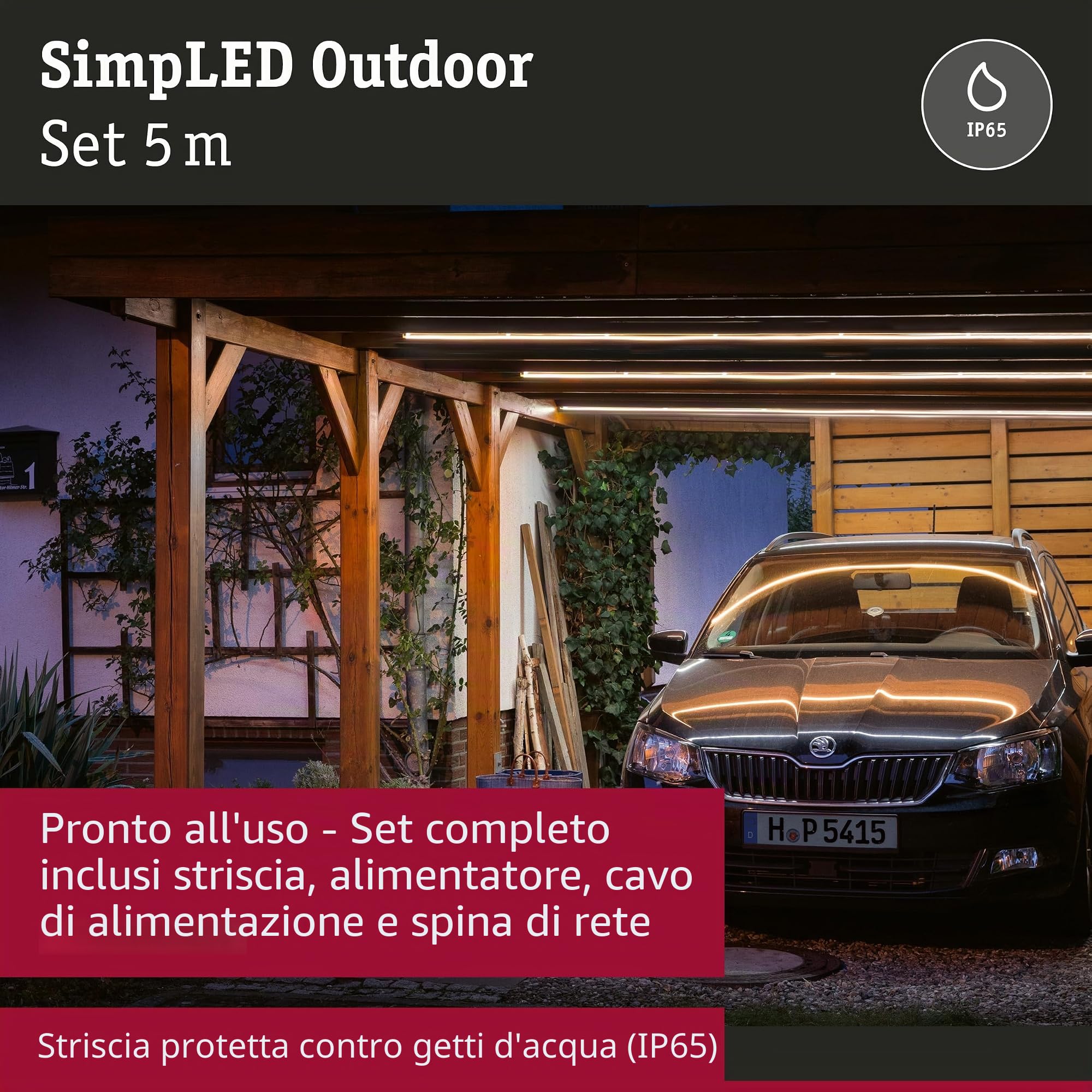 Paulmann 78906 Set di strisce LED per esterni, SimpLED, 5 m, luce bianca calda, con 1 striscia luminosa da 20 Watt, in plastica, 3000 K